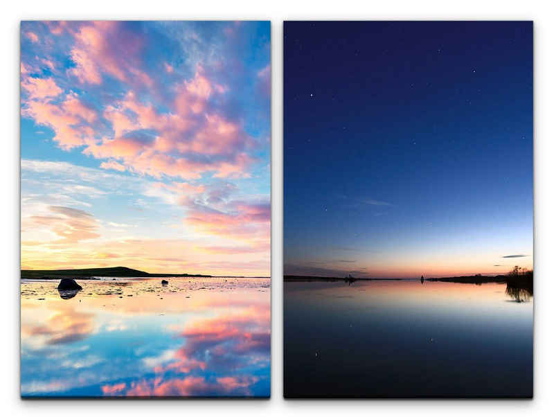Sinus Art Leinwandbild 2 Bilder je 60x90cm Vanille Sky Rosa Wolken Horizont Meer Nachthimmel Sonnenuntergang Sonnenaufgang