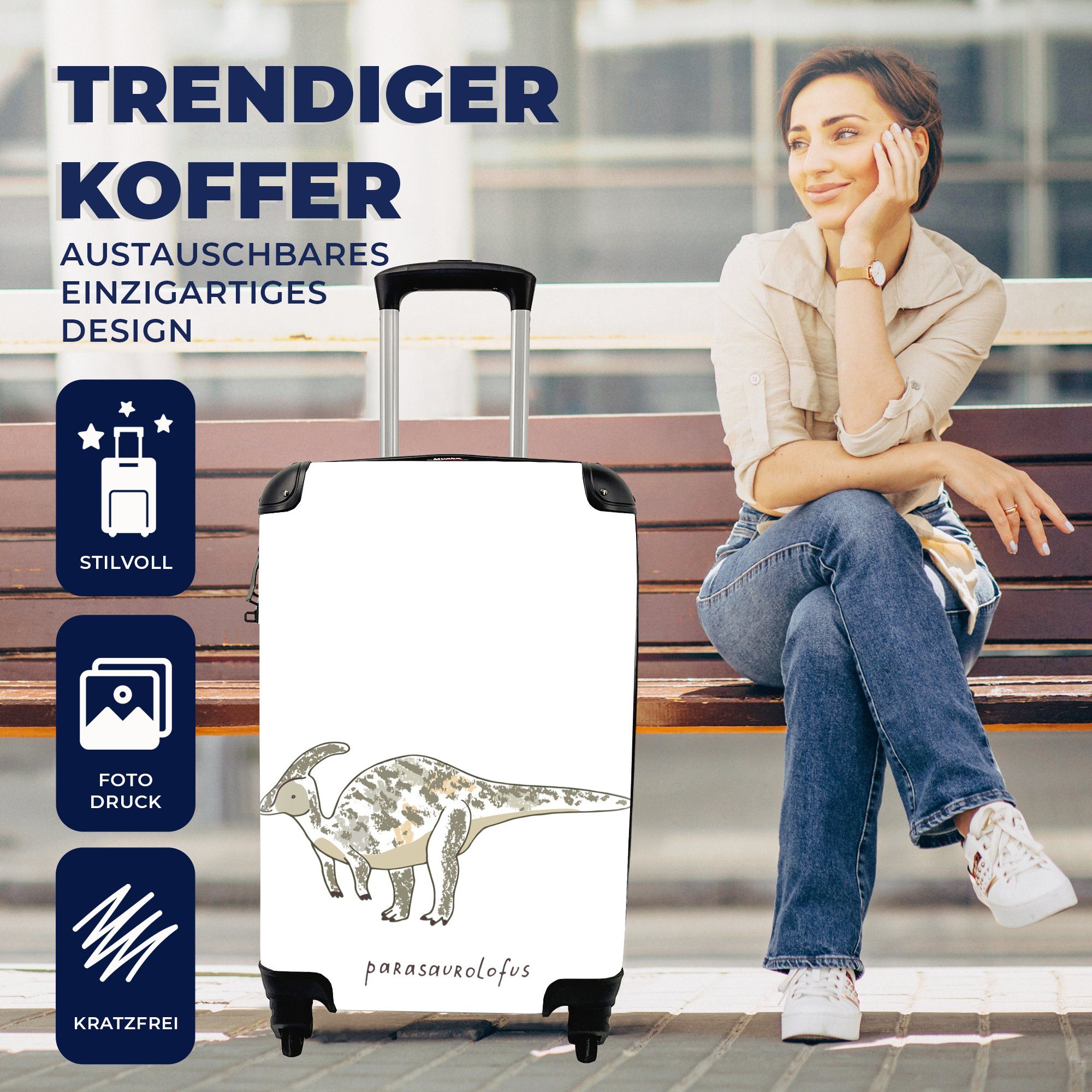 Handgepäck Parasausolophus - Mädchen - Ferien, Kinderzimmer - mit Reisekoffer 4 Trolley, Dinosaurier für Rollen, rollen, Junge Handgepäckkoffer Kind, MuchoWow Reisetasche - -