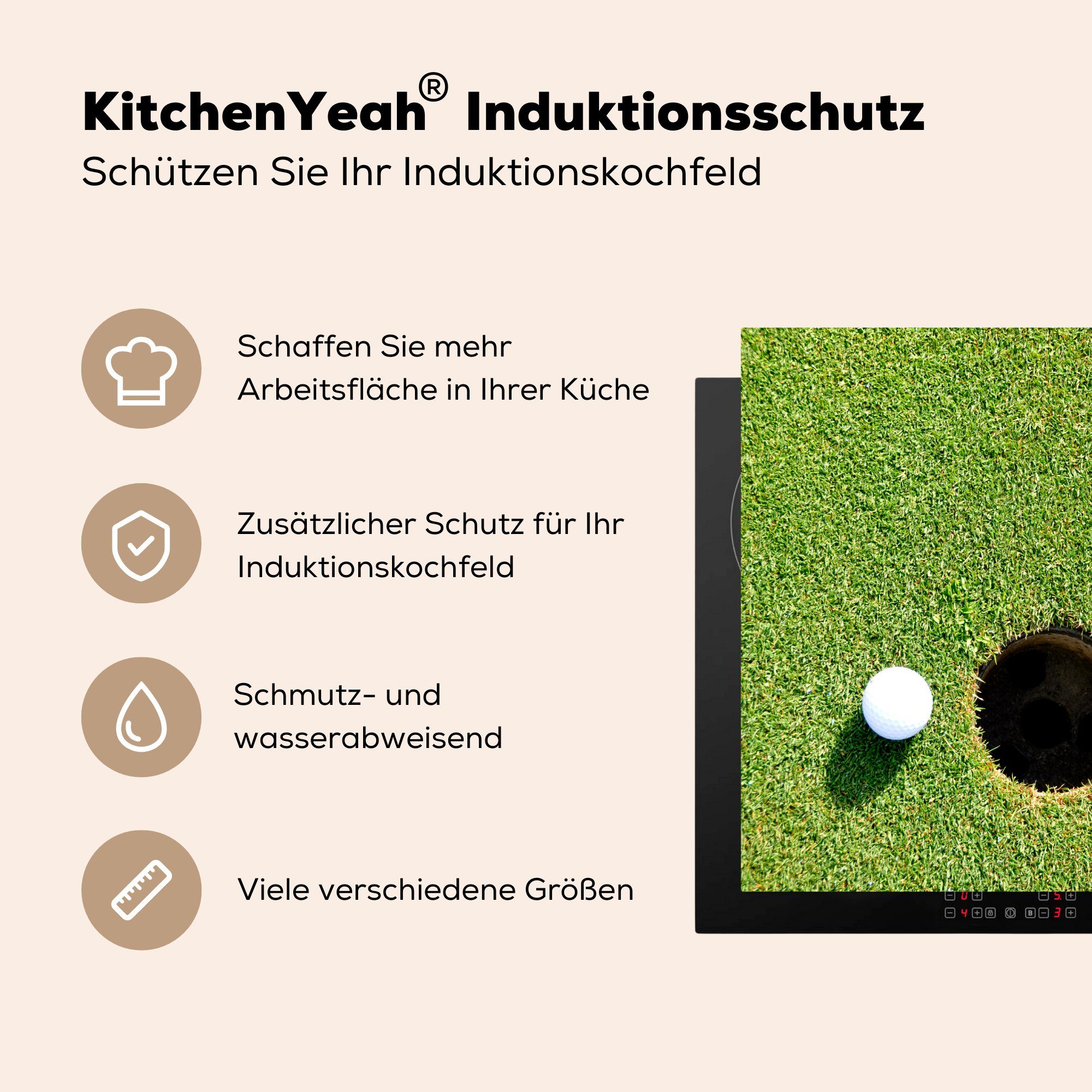 Golfball Ceranfeldabdeckung MuchoWow die küche, Nähe der Induktionskochfeld in Lochs, Herdblende-/Abdeckplatte (1 tlg), des cm, Vinyl, Schutz 71x52 für