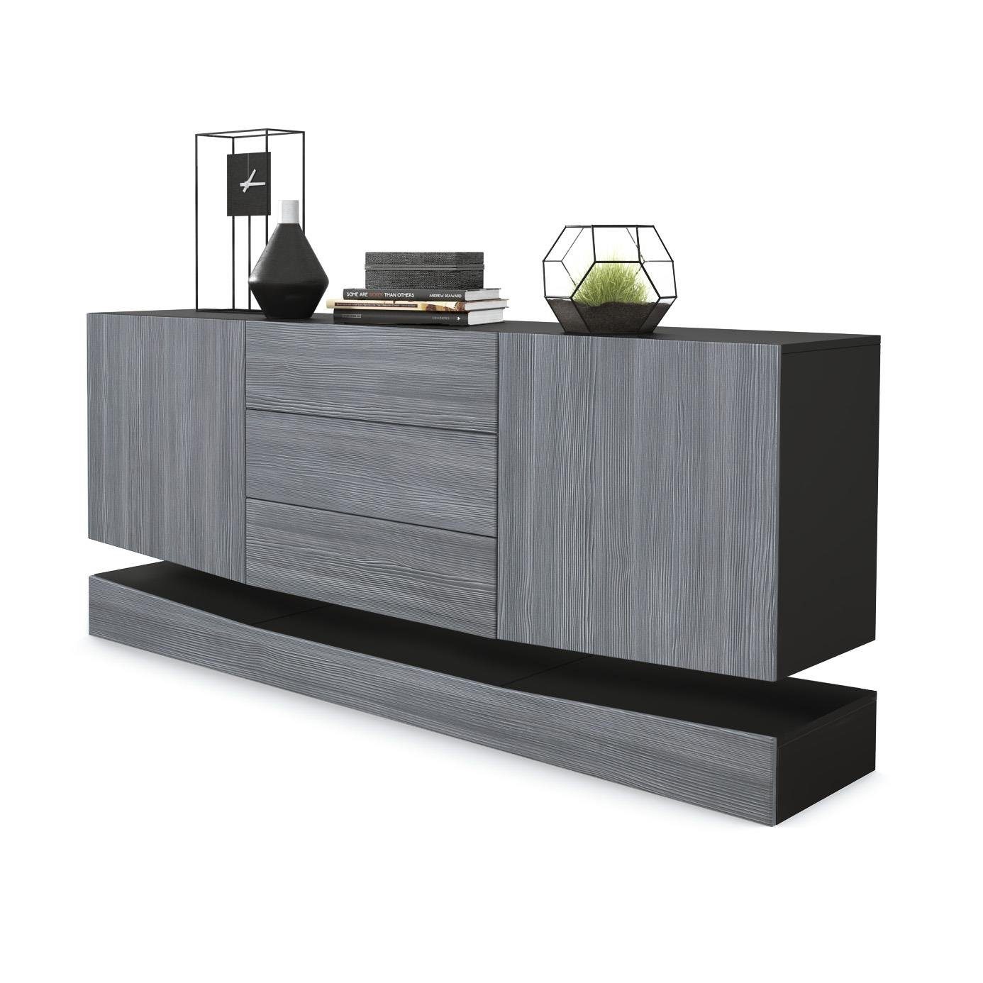 Commode City Vladon - Buffet Salon Design Noir/blanc Avec LED | 178 Cm, Tiroirs, Portes Push-to-open