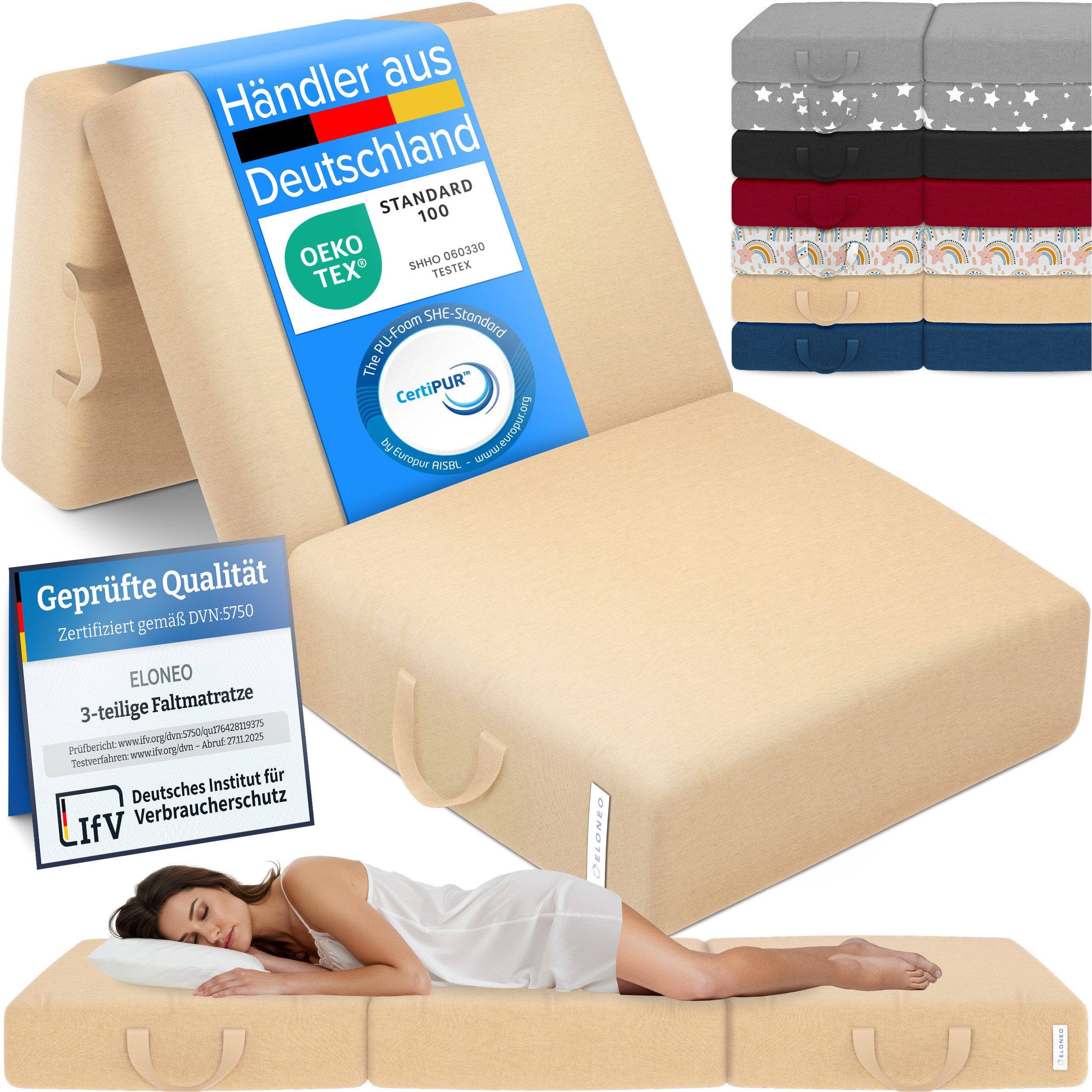 Klappmatratze 3-teilig, Gästematratze mit extra dickem Schaumstoff, ELONEO, 15 cm hoch, waschbarer Bezug, geeignet für Hausstauballergiker, schadstoffgeprüft