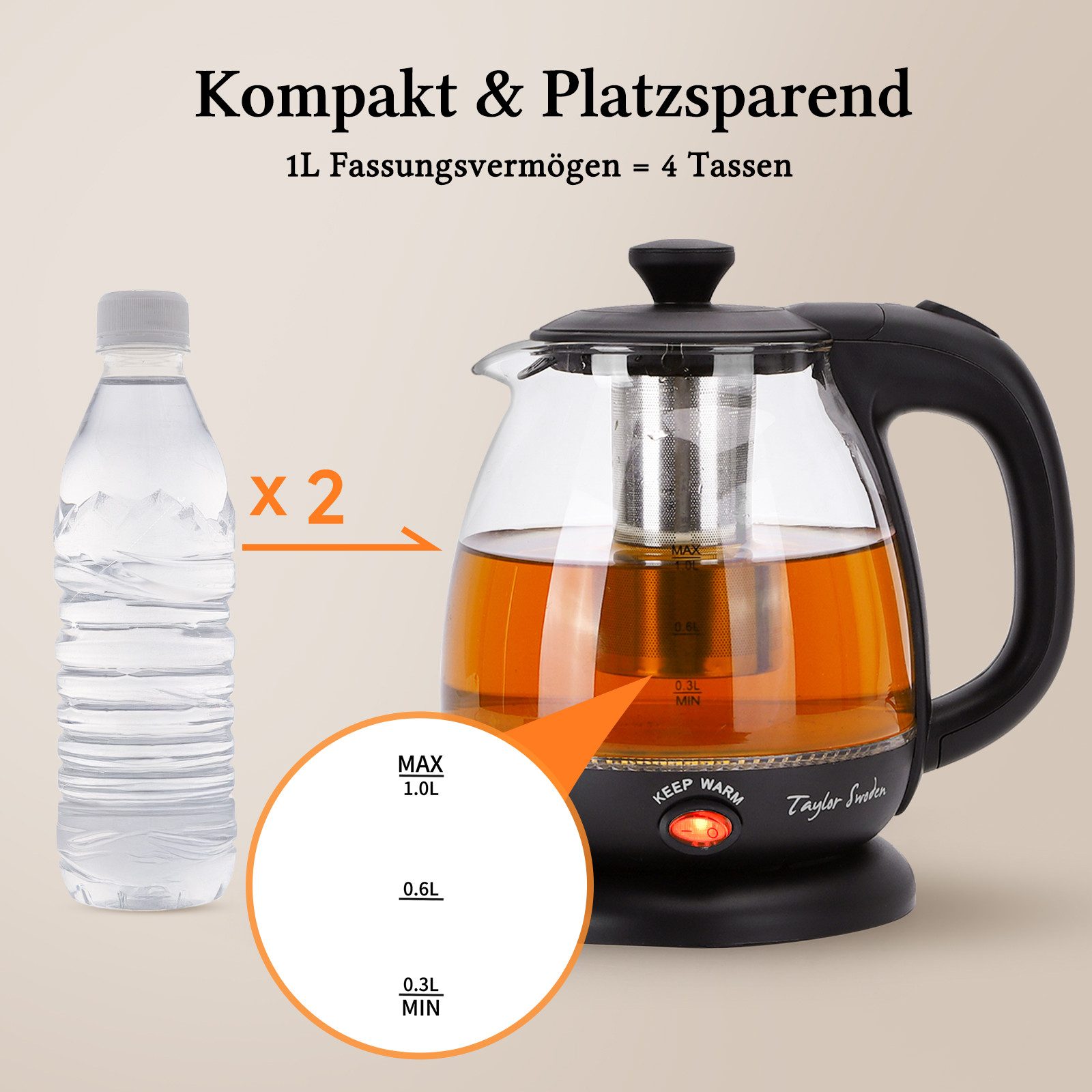 Taylor Swoden Wasserkocher Reisewasserkocher Glas Kleiner 1L, 2200W, Warmhaltefunktion, BPA-Frei, 1 l, 2200,00 W, Mit LED Leuchtanzeige, Abnehmbarer Filter, Trockener Kochschutz