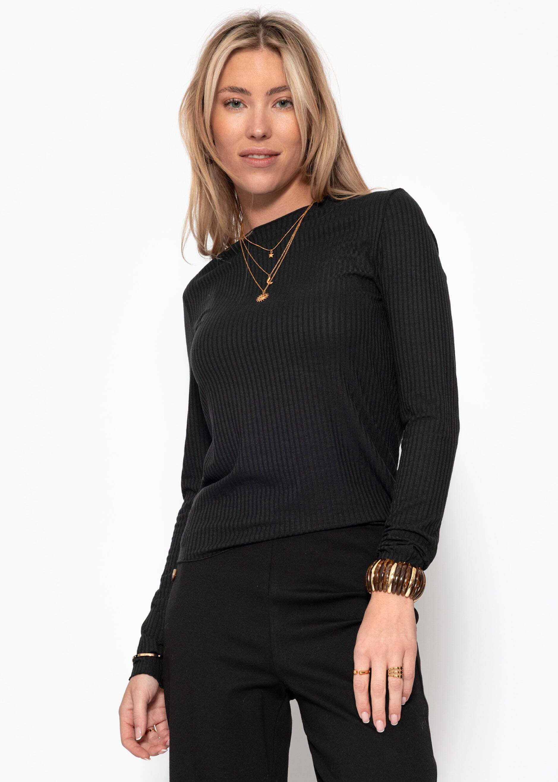 SASSYCLASSY Langarmshirt Langarmshirt in Rippstruktur für Damen Schlichtes Shirt in körpernaher Silhouette mit Rundhalsausschnitt