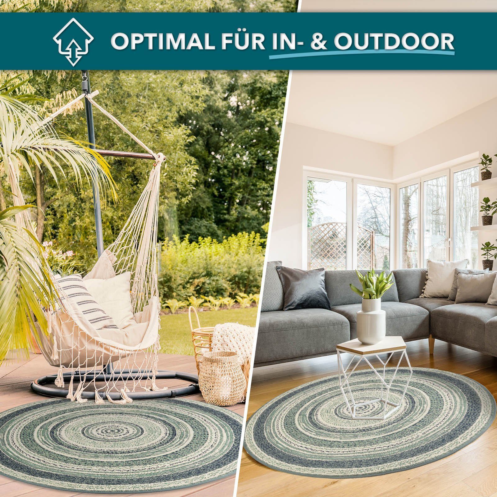 Kubus Teppich Leyla, 4 Farben, In- & Outdoor geeignet, 100% Polypropylen, Rund, Höhe: 7 mm, pflegeleicht, Wohnzimmer