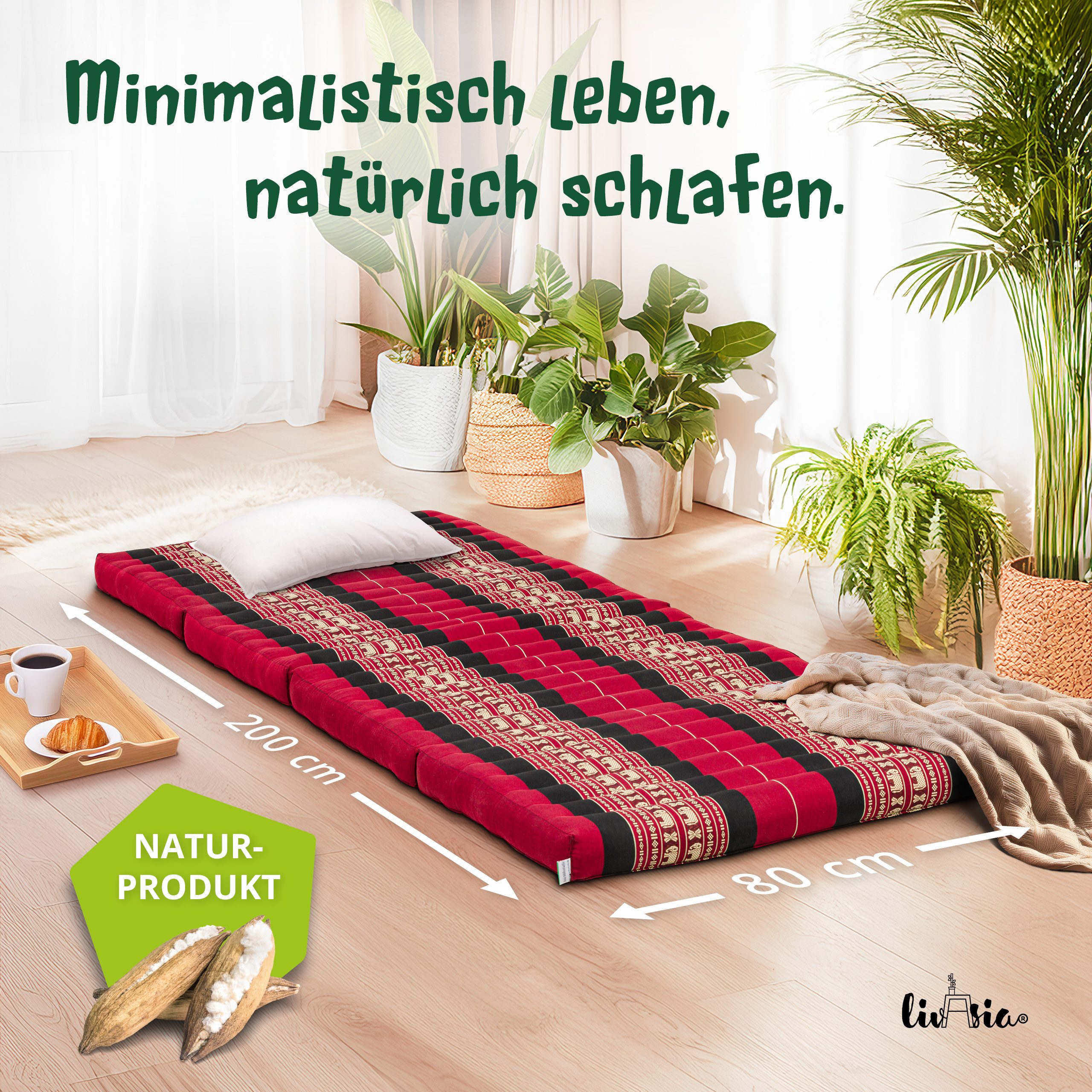 Klappmatratze Faltmatratze 80 cm (Classic) - 200x80x8cm, livasia, 8 cm hoch, Kapok, vegan, handgefertigt