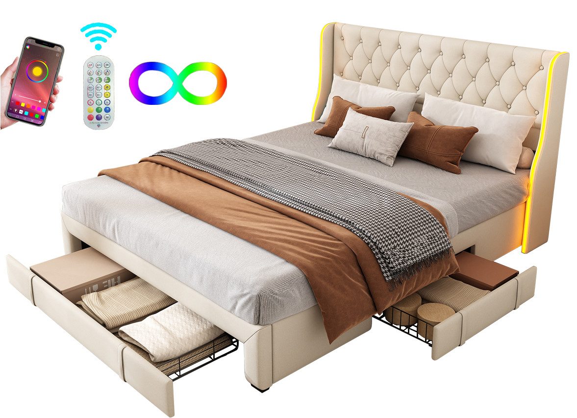 FUROKOY Polsterbett Doppelbett Stauraumbett mit LED-Beleuchtung günstig online kaufen