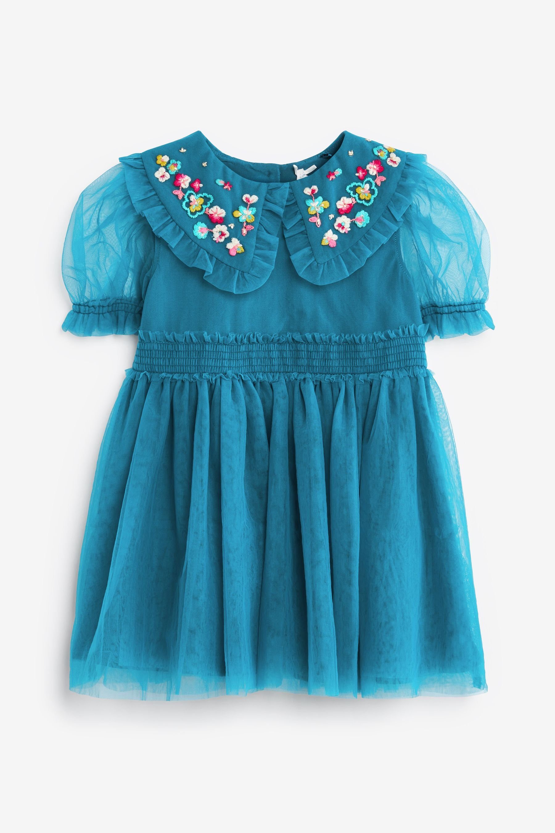 Next Partykleid Netzstoff-Kleid mit verziertem Kragen (1-tlg) Teal Blue