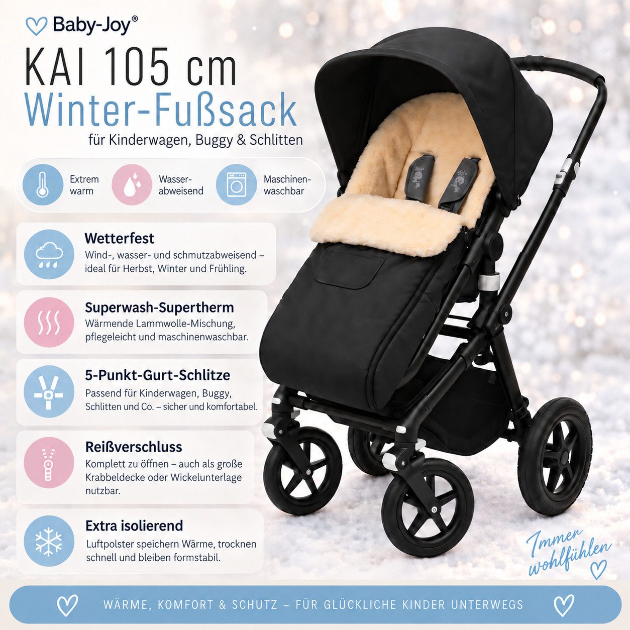 Baby-Joy Fußsack KAI XL 105cm Lammwolle Winterfußsack Thermo Babyfußsack 6 Mon - 3 Jahr, Wetterfest, Thermo-warm und Ultraweich – Bild 2 von 5