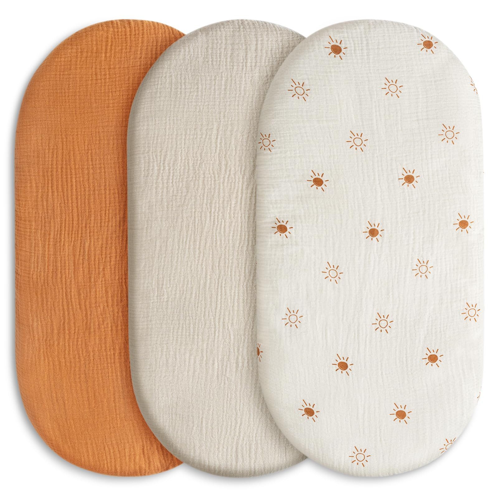 FOUORTUNATE-BEE Spannbettlaken 3er Baby Spannbettlaken 81x42 cm Musselin für Beistellbett & Korb, Für Kinderwagen, Moseskorb & Wiege, 360° Rundumgummi, 3er Set