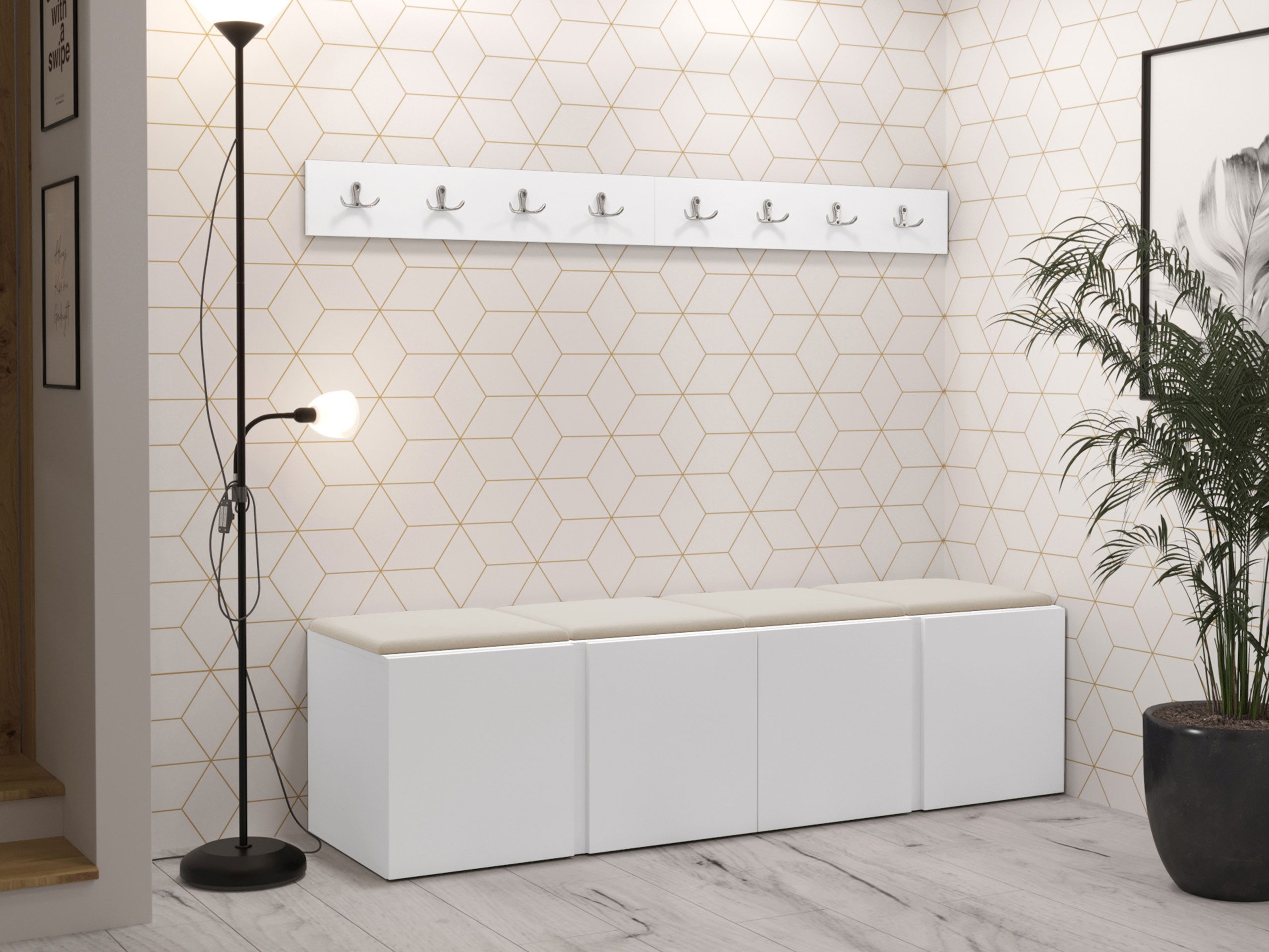 MIRJAN24 Garderoben-Set Orion VII, (Komplett-Set, 2x Schuhschrank, 2x Kleiderhakenbrett, Gepolstertes Paneel 4x 42x42), Auswahl aus Fronten und Polsterplatten