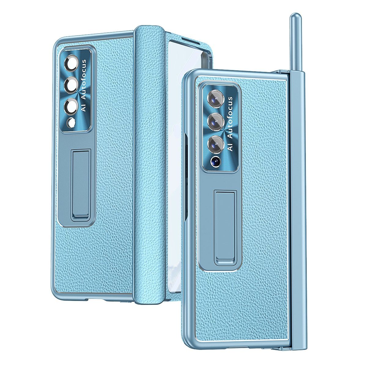 Wigento Handyhülle Für Samsung Galaxy Z Fold4 5G Magnetische Kunststoff / Glas Handy Tasche Hülle Etuis Blau + Stift