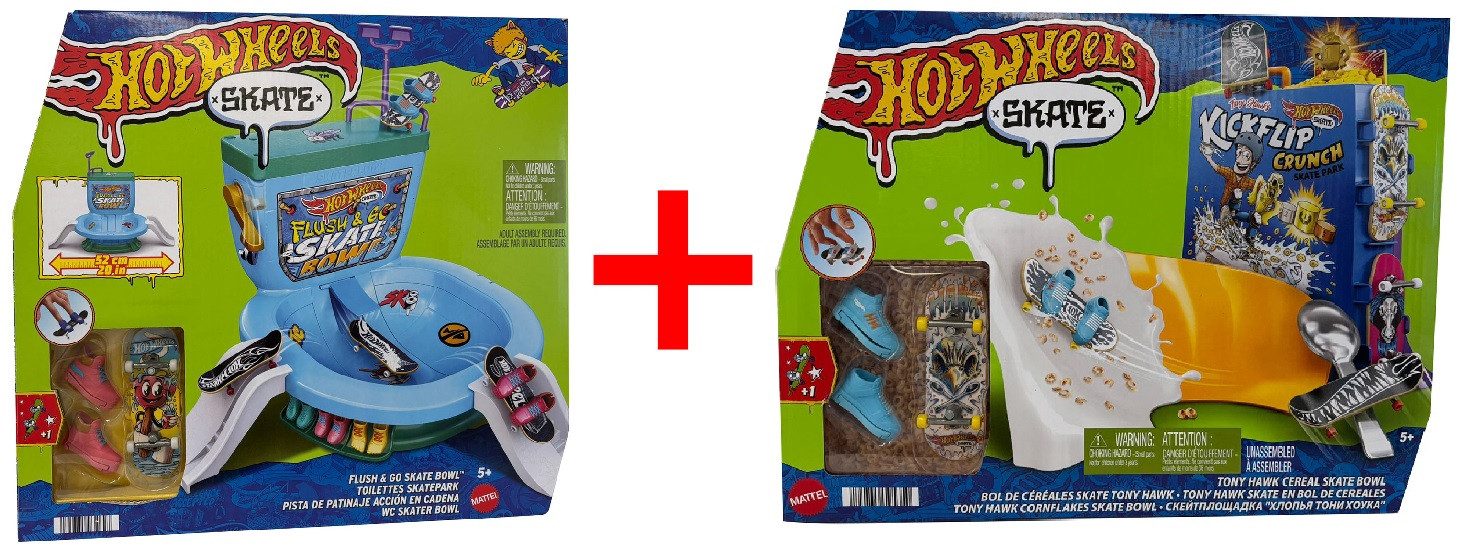 Hot Wheels Fingerskateboard 2er-Set Hot Wheels HXL16 Flush and Go Skate Bowl Toilette, HTP09 Tony
