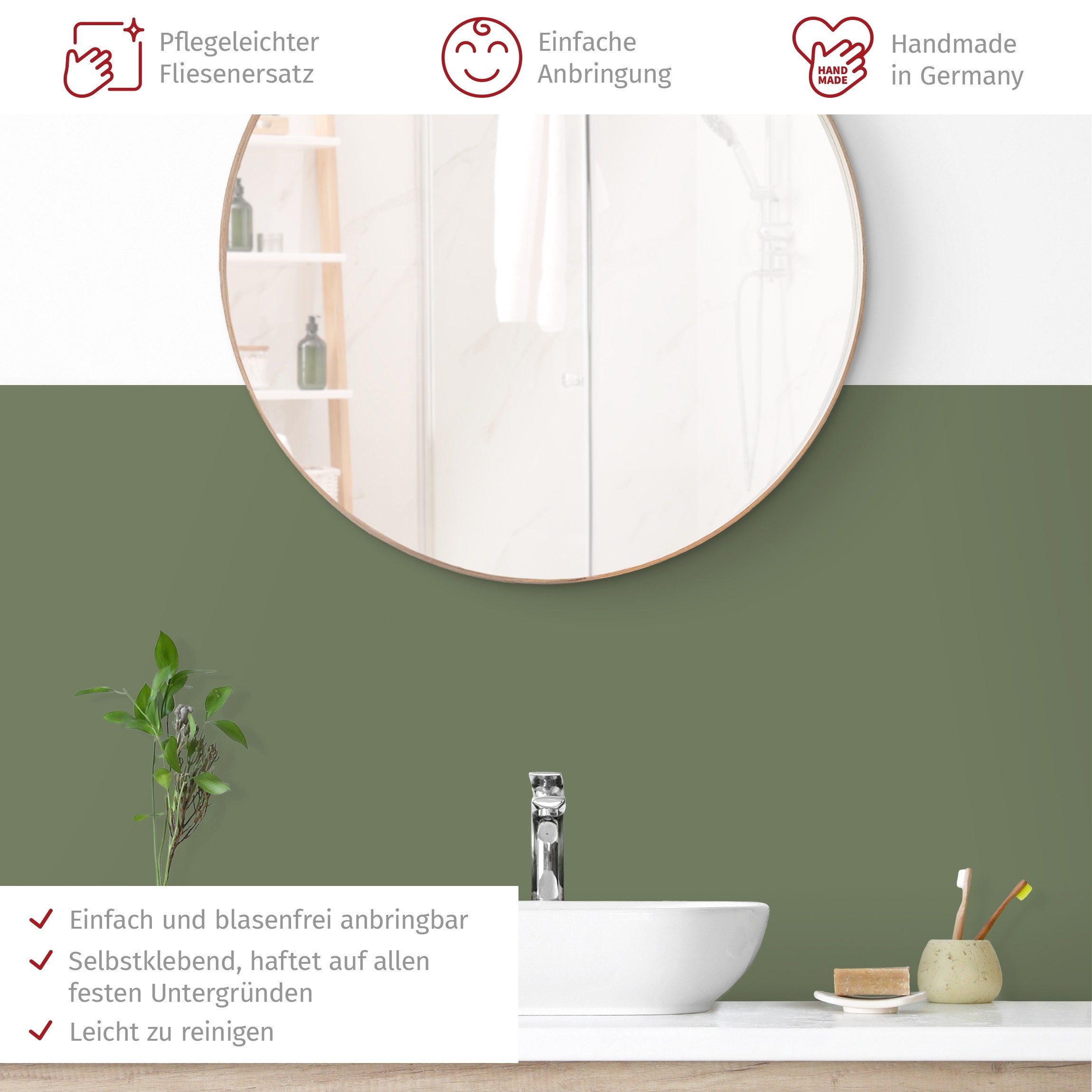 Bilderdepot24 Badrückwand grün fugenlose Wandverkleidung Bad Unifarben, (Hartfolie matt » Selbstklebend SMART 0,35 mm), wasserfestes Wandpaneel Balmy Basil