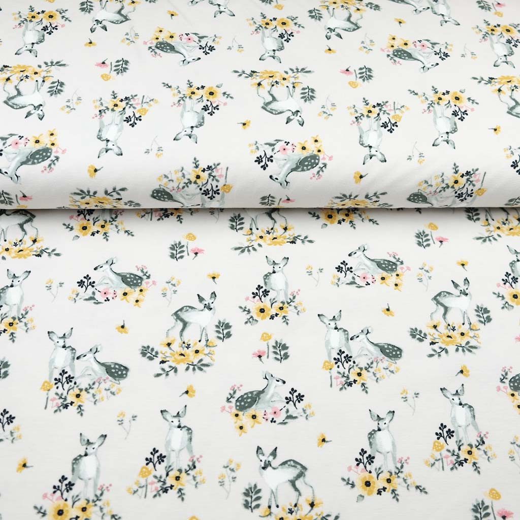 larissastoffe Stoff Bio Jersey Stoff Rehe, senf gelb, 15,90 EUR/m, Meterware, 50 cm x 150 cm