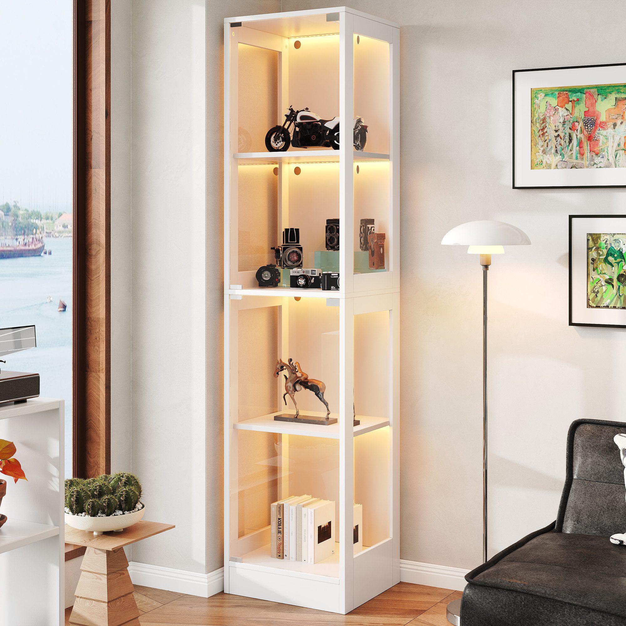 Flieks Glasvitrine Eckvitrine mit LED-Beleuchtung und Doppeltüren aus gehärtetem Glas (1-St., 40x35x170 cm) Standvitrine Eckschrank Hochschrank Sammlervitrine mit 4 Fächern Weiß