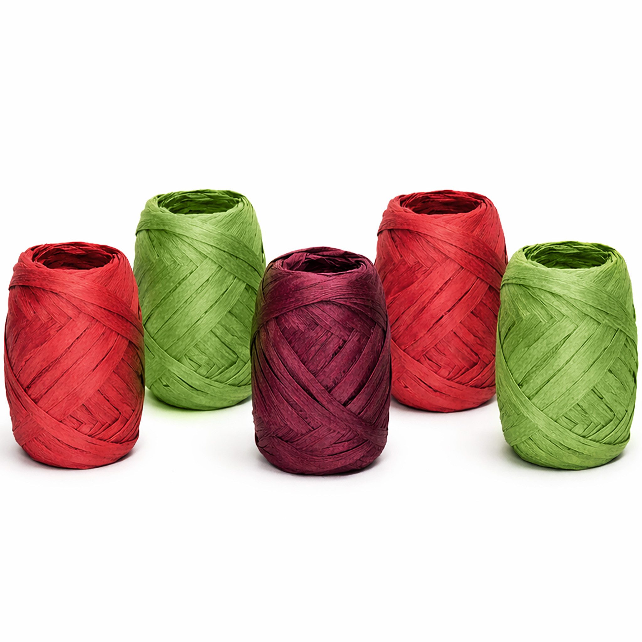 Creativery Bastelband, Papierband Raffiabast 5 Rollen Set je 20m Rot / Grün Mix