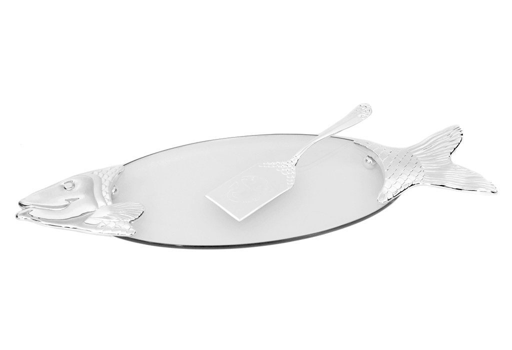 Brillibrum Servierplatte Fischplatte Lachsplatte mit Heber Glas versilbert Servierplatte, 1