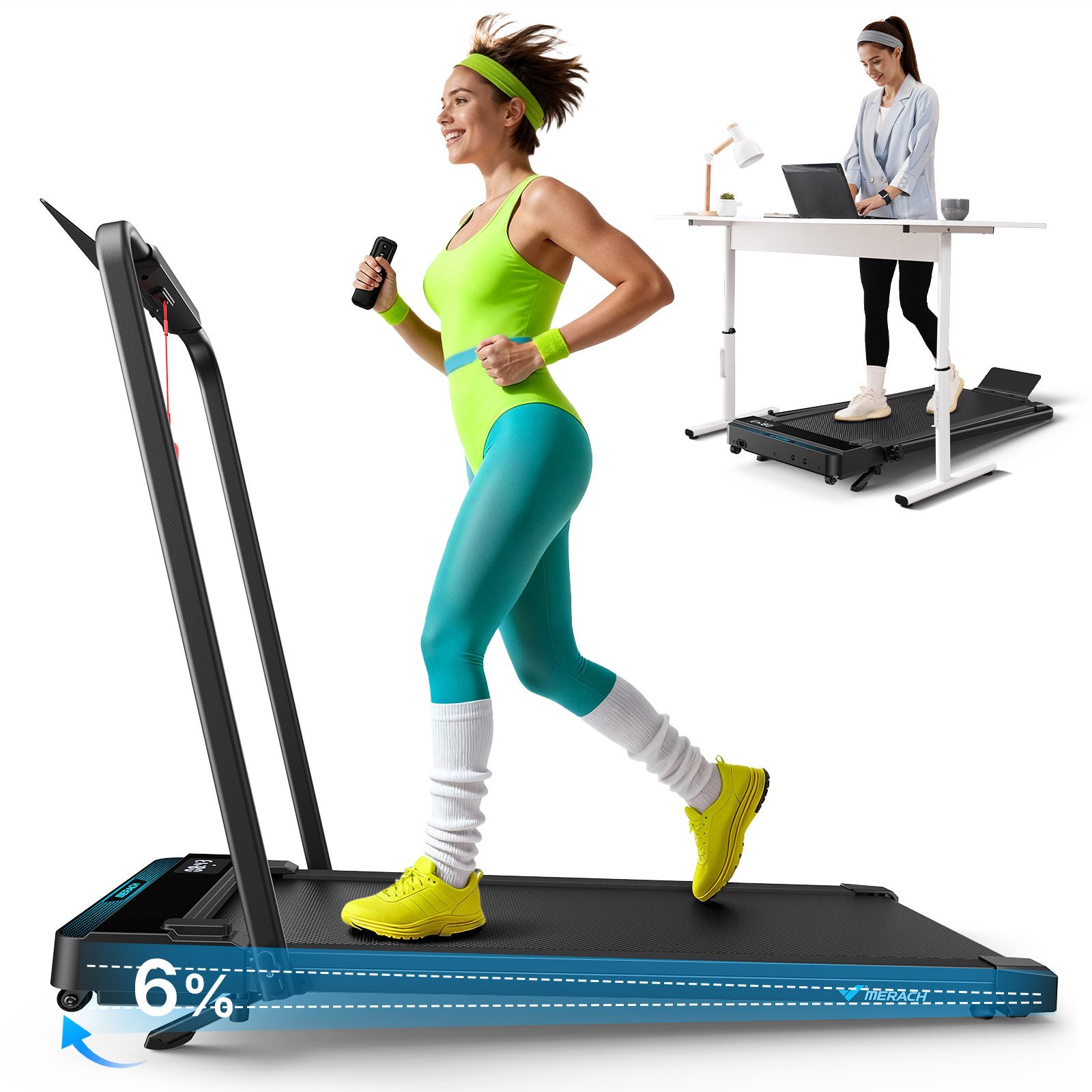 MERACH Laufband klein mit 6% Steigung, Walking/Jogging Pad für zur hause (1-tlg., mit Handlauf, 7-lagige Laufmatte, 8 Stoßdämpfern), Indoor Laufbander mit Bluetooth-APP, LED Anzeige, 1-12 km/h, bis 136kg