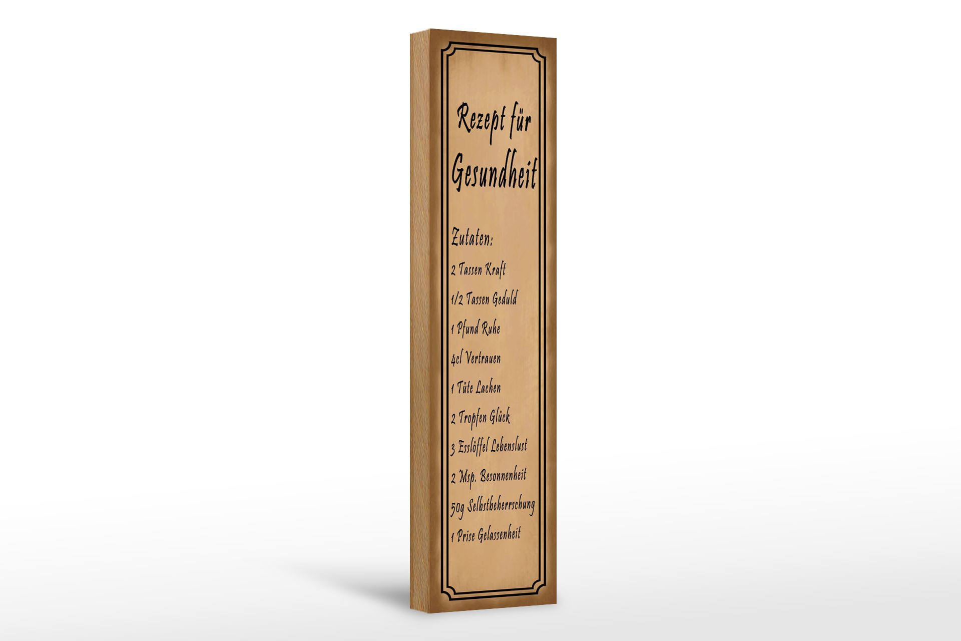 Femer GmbH Holzbild Spruch 10x46cm Rezept für Gesundheit 2 Tassen, Sprüche Zitate Lustiges (1 St), Glatte Holzfaserplatte (MDF), vorn beschichtet