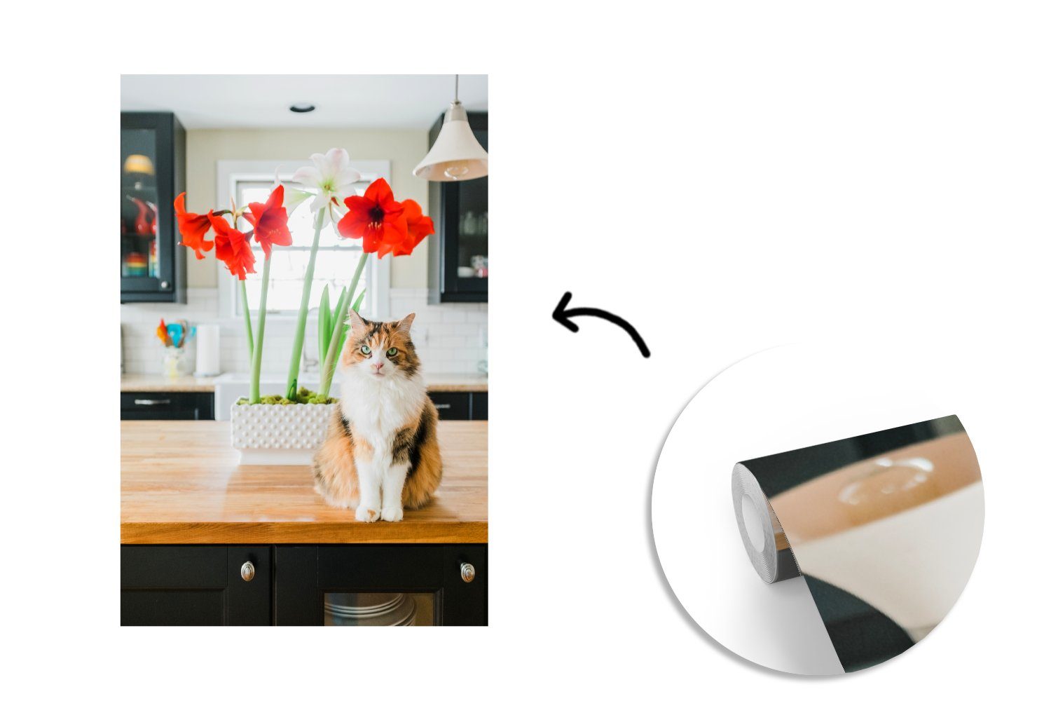 bedruckt, Fototapete Wandtapete für Katze Tapete Blumen - Wohnzimmer, Montagefertig Vinyl (3 Tisch, - St), Matt, MuchoWow