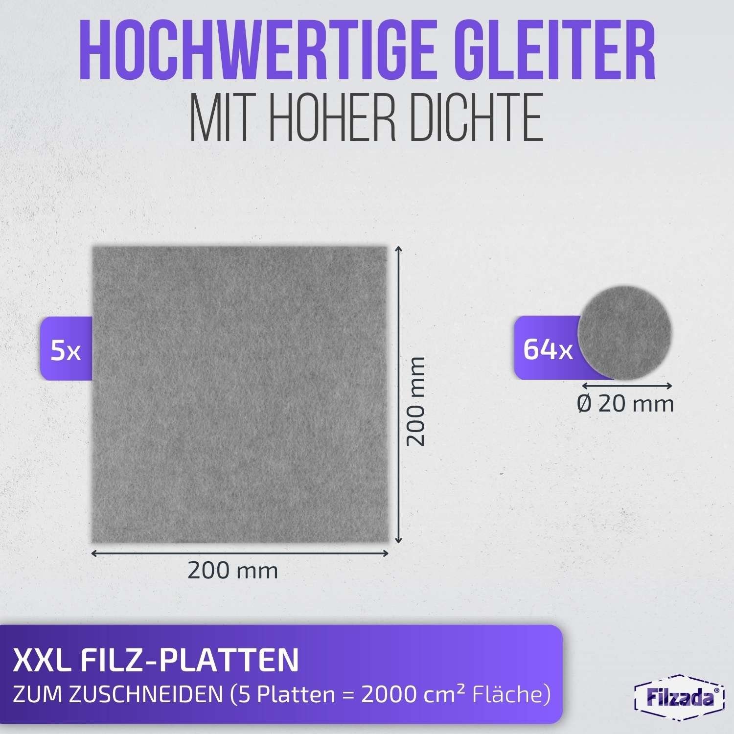 Filzada Filzgleiter Filzgleiter Selbstklebend Platten & Set Möbelgleiter Grau Ø20mm 200x200mm