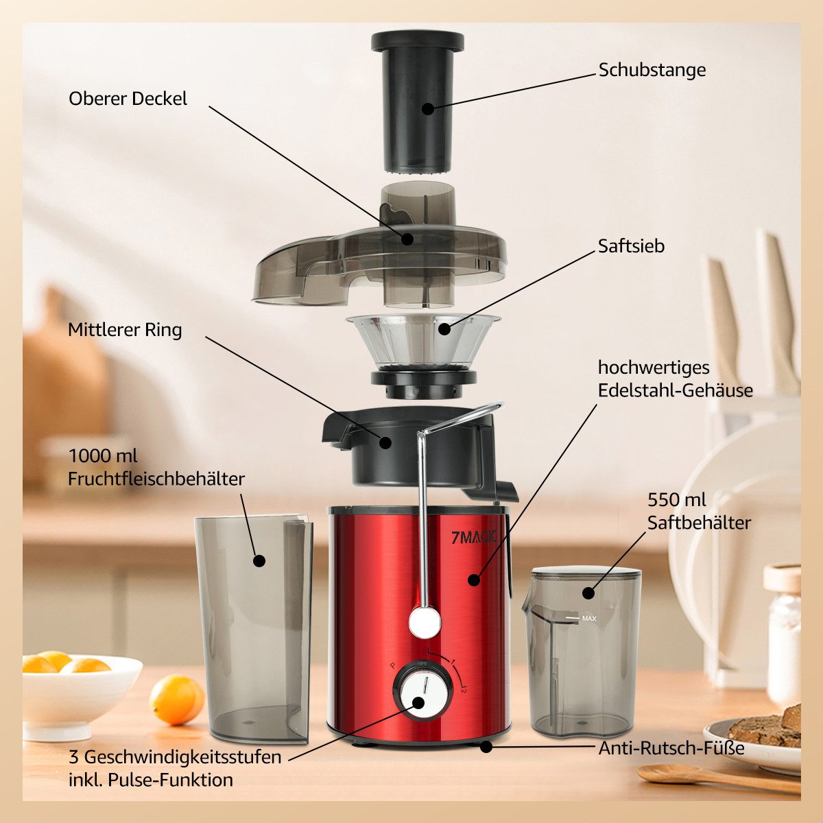 7MAGIC Entsafter Saftpresse Elektrisch, Zentrifugaler, 2 Geschwindigkeiten + Pulsmodus, 400 W, aus Edelstahl, Mit Saft- und Tresterbehälter für Obst- und Gemüsesäfte