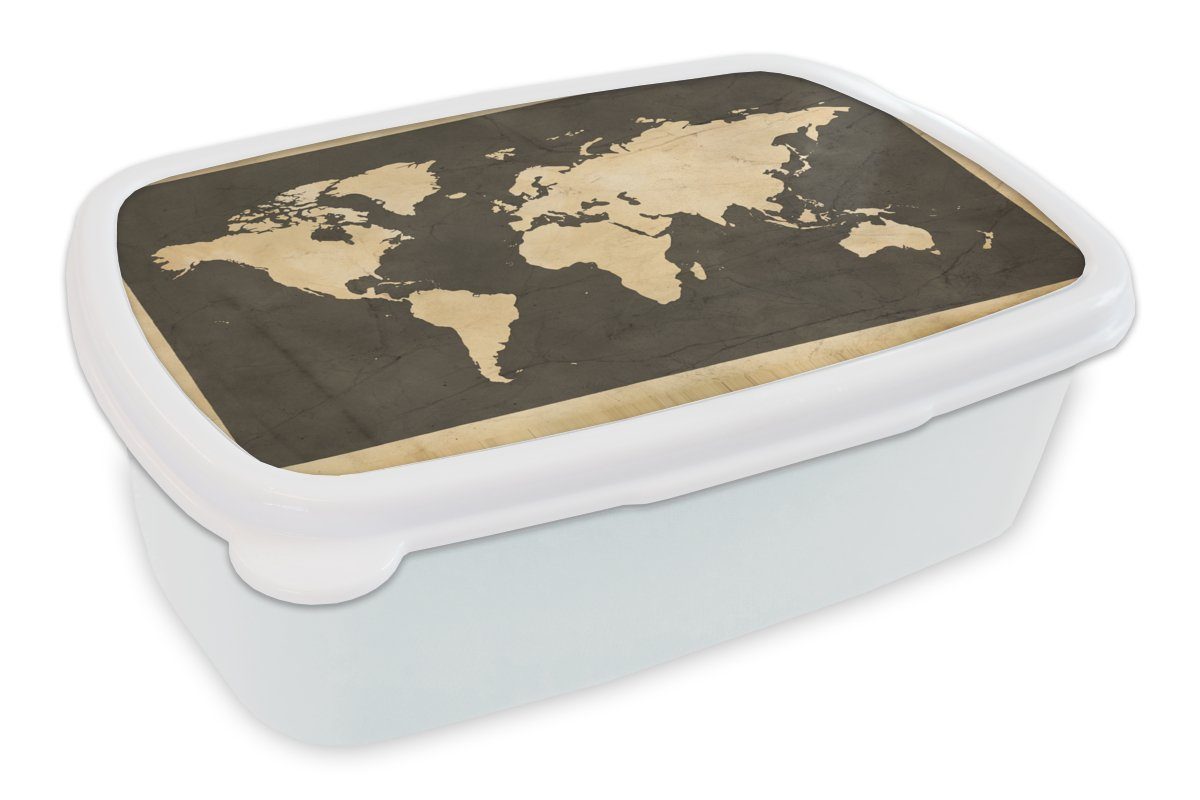 MuchoWow Lunchbox Weltkarte - Vintage - Marmor, Kunststoff, (2-tlg), Brotbox für Kinder und Erwachsene, Brotdose, für Jungs und Mädchen weiß