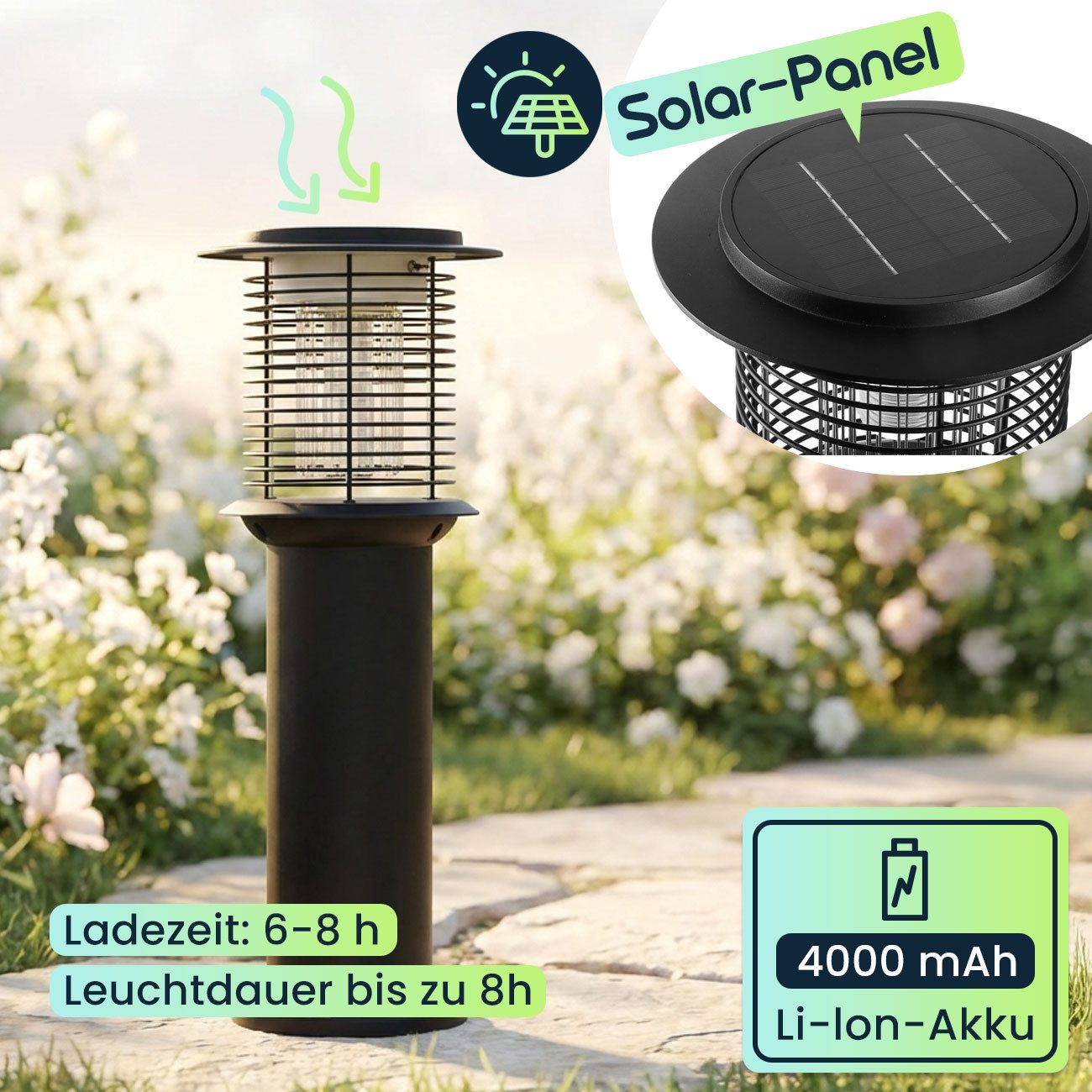 shop'n smile ideoon LED Gartenleuchte Solar Gartenlampe LED Wegeleuchte UV Insektenschutz deckt 50-100 m², LED fest integriert, Deckt 50–100 m² ab, UV Insektenschutz 15lm, IP44, 25x60 cm