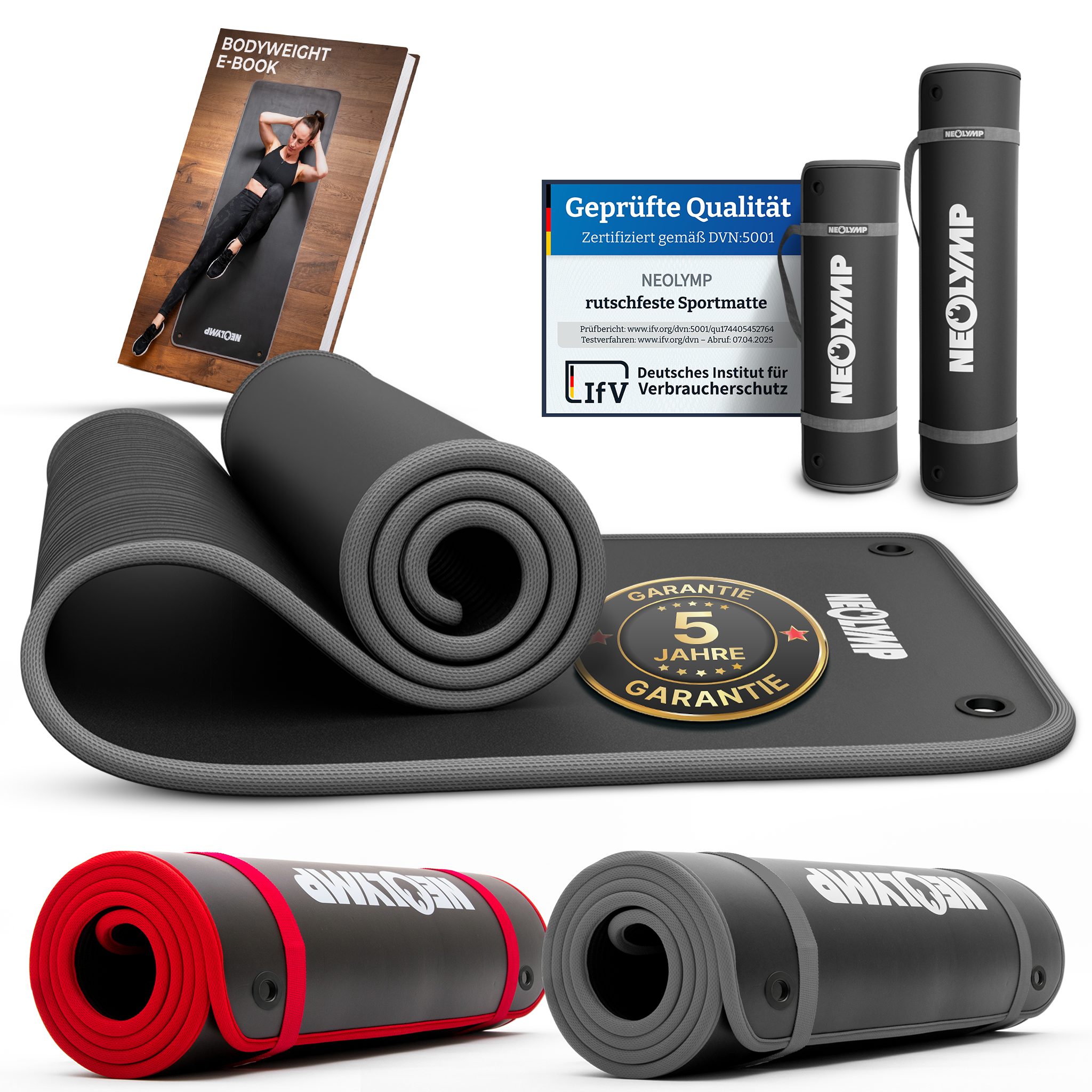 NEOLYMP Fitnessmatte extra dicke Fitnessmatte rutschfest mit Aufhänge-Ösen (Fitnessmatte mit Aufhänge-Ösen inkl. Tragegurt & E-Book), Yogamatte inkl. Tragegurt & E-Book – Gymnastikmatte - Sportmatte