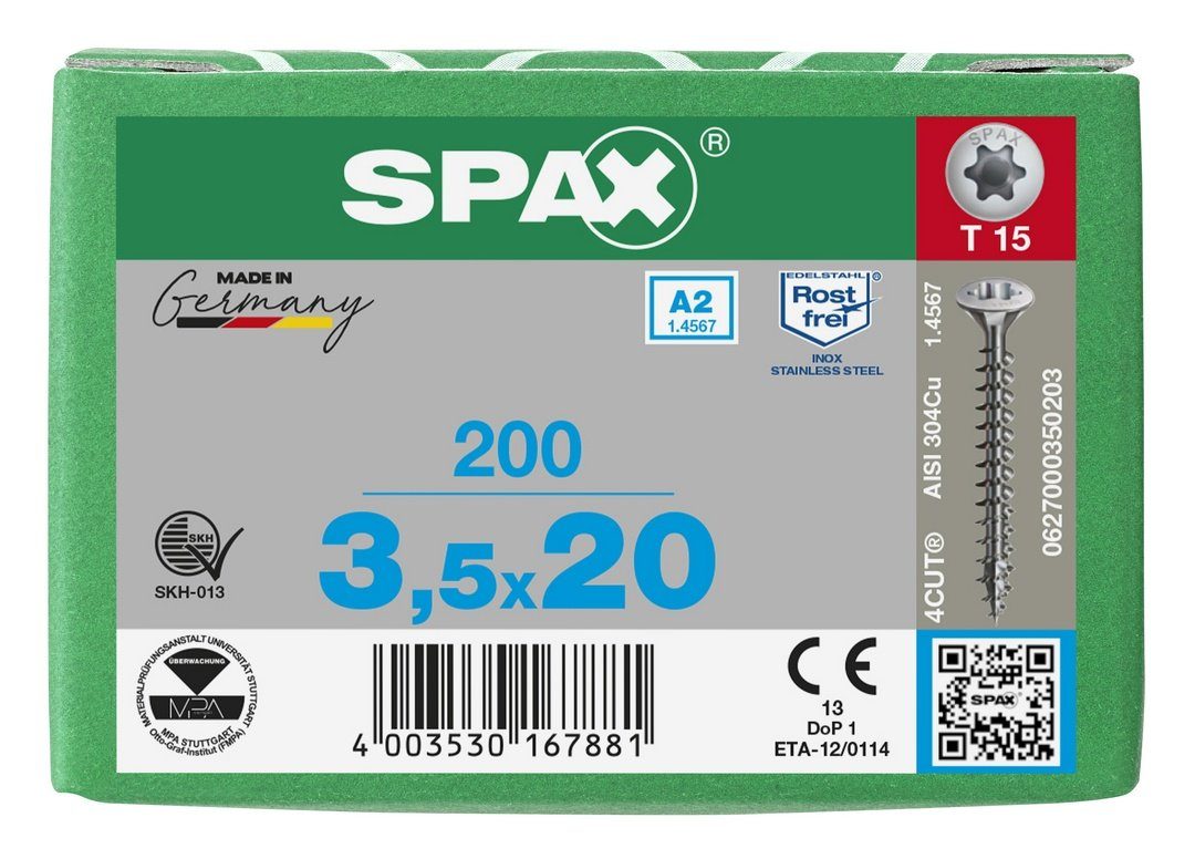 St), mm A2, Spanplattenschraube SPAX 3,5x20 Edelstahlschraube, (Edelstahl 200