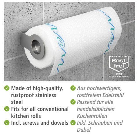 WENKO Küchenrollenhalter Modell Cerri, Papierrollenhalter für die Küche zur Wandmontage, rostfreier Edelstahl