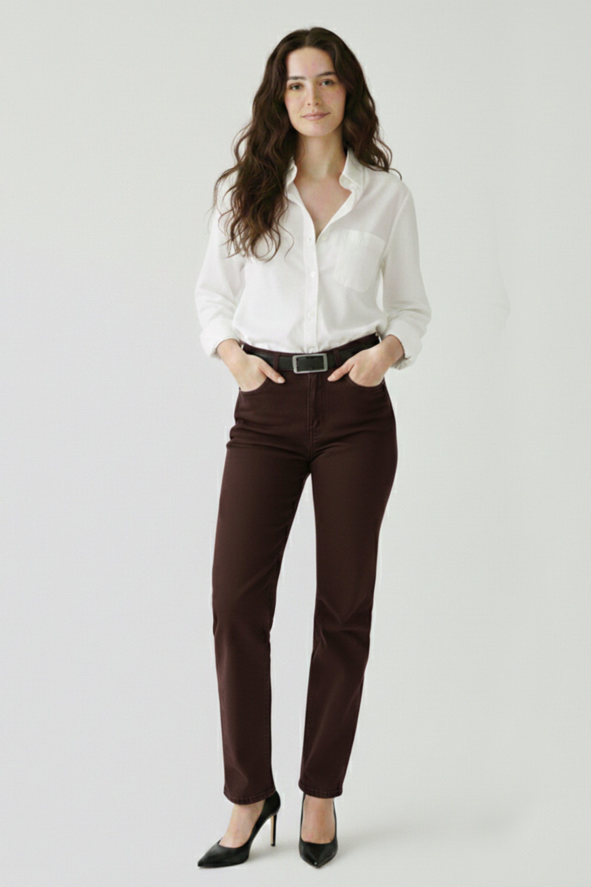 ESRA Stoffhose Stretch Hose Damen Regular Stoff-Hose Damen Elegant Hose elastisch Straight Damen Hose Elegant Business Hose Braun Stoffhose High Waist