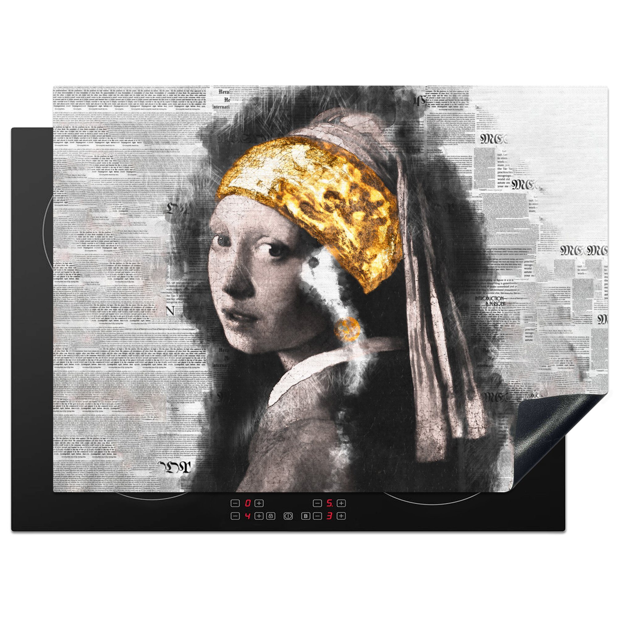 MuchoWow Herdblende-/Abdeckplatte Das Mädchen mit dem Perlenohrring - Vermeer - Collage, Vinyl, (1 tlg), 71x52 cm, Induktionskochfeld Schutz für die küche, Ceranfeldabdeckung
