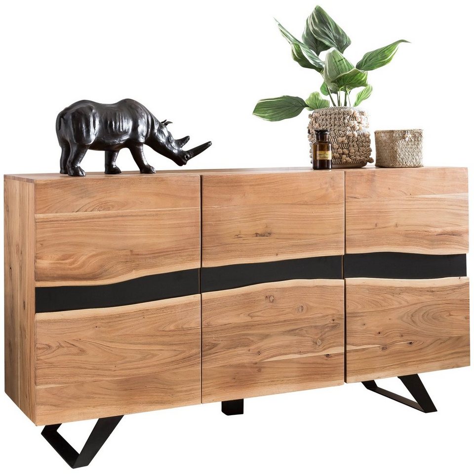 möbelando Sideboard Sideboard 148 x 85 x 43 cm Massiv-Holz Akazie, Sideboard  148 x 85 x 43 cm Massiv-Holz Akazie Natur Baumkante Anrichte, Landhaus-Stil  Highboard mit 3 Türen, Flur Schrank Kommode