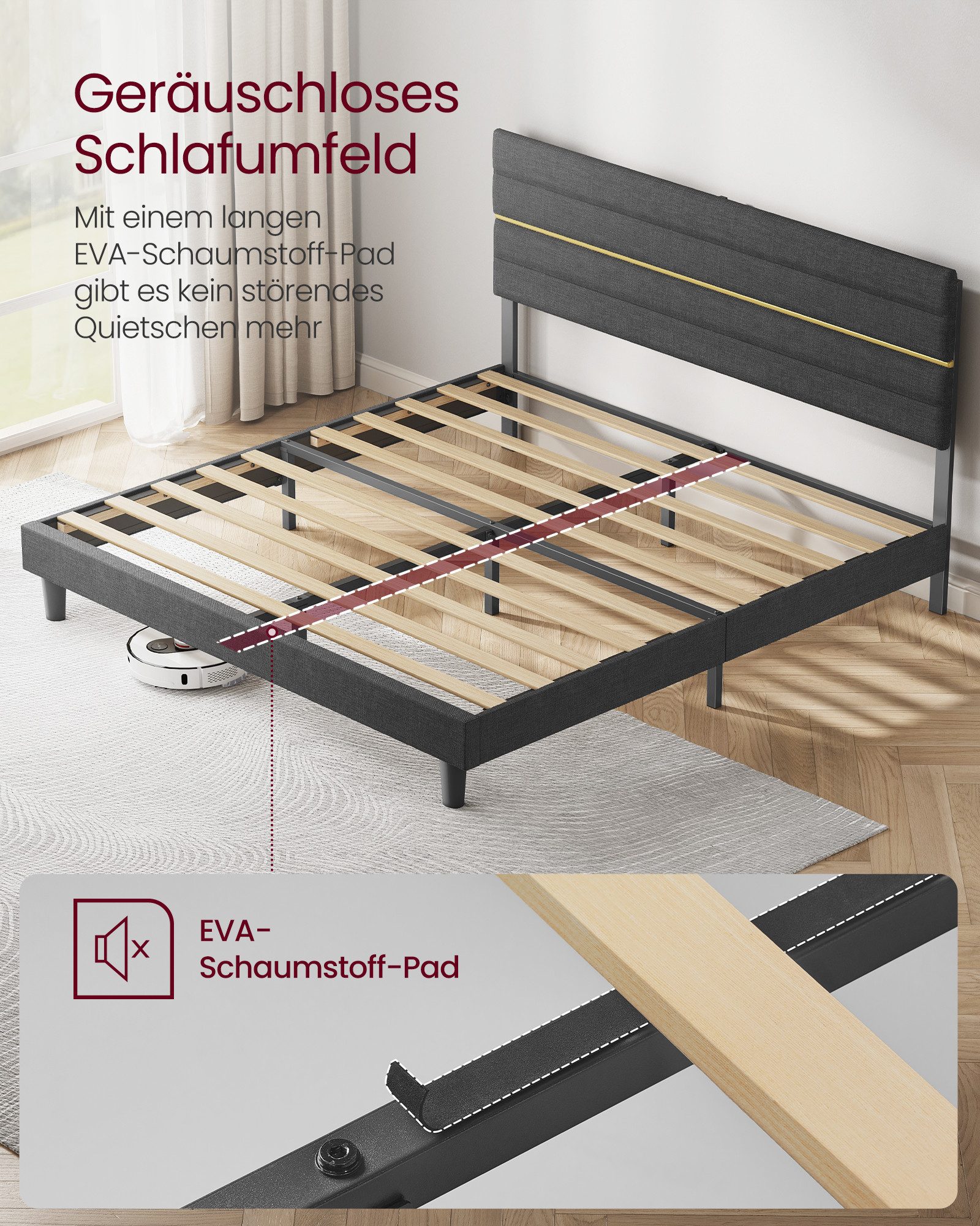 VASAGLE Polsterbett Doppelbettgestell verstellbares gepolstertes Kopfteil (180 x 200 cm, geräuscharm, mit Lattenrost und verstellbarem Kopfteil), Massivholz, mo – Bild 5 von 5