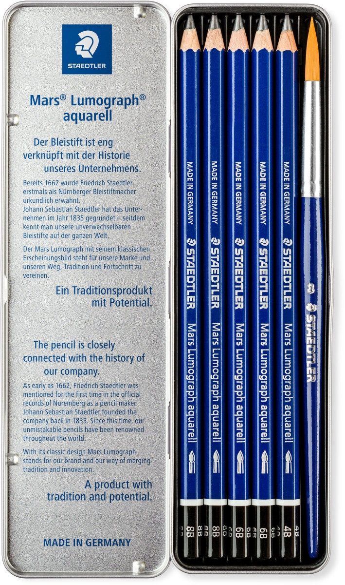 STAEDTLER Maltuch Aquarellstift Mars Lumograph 4B/6B/8B schwarz VE=5 Stück + Pinsel