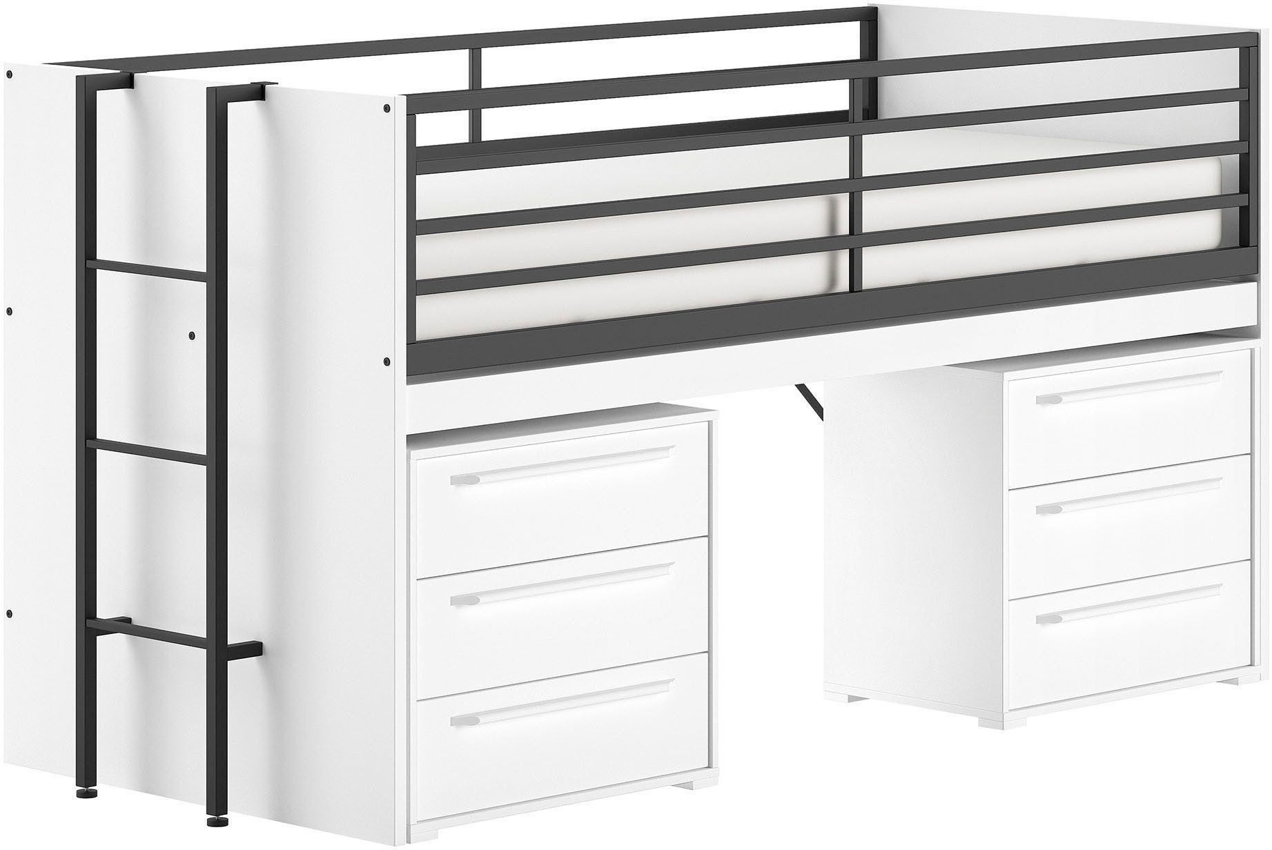 Vipack Stauraumbett Sam, schlafen und arbeiten in einem, wahlweise Eiche- oder Weiß-Dekor (Liegefläche 90x200 cm, darunter eine große ausziehbare Schreibplatte), mit Absturzschutz, Leiter u. Stauraum, pflegeleichte Dekor Oberfläche