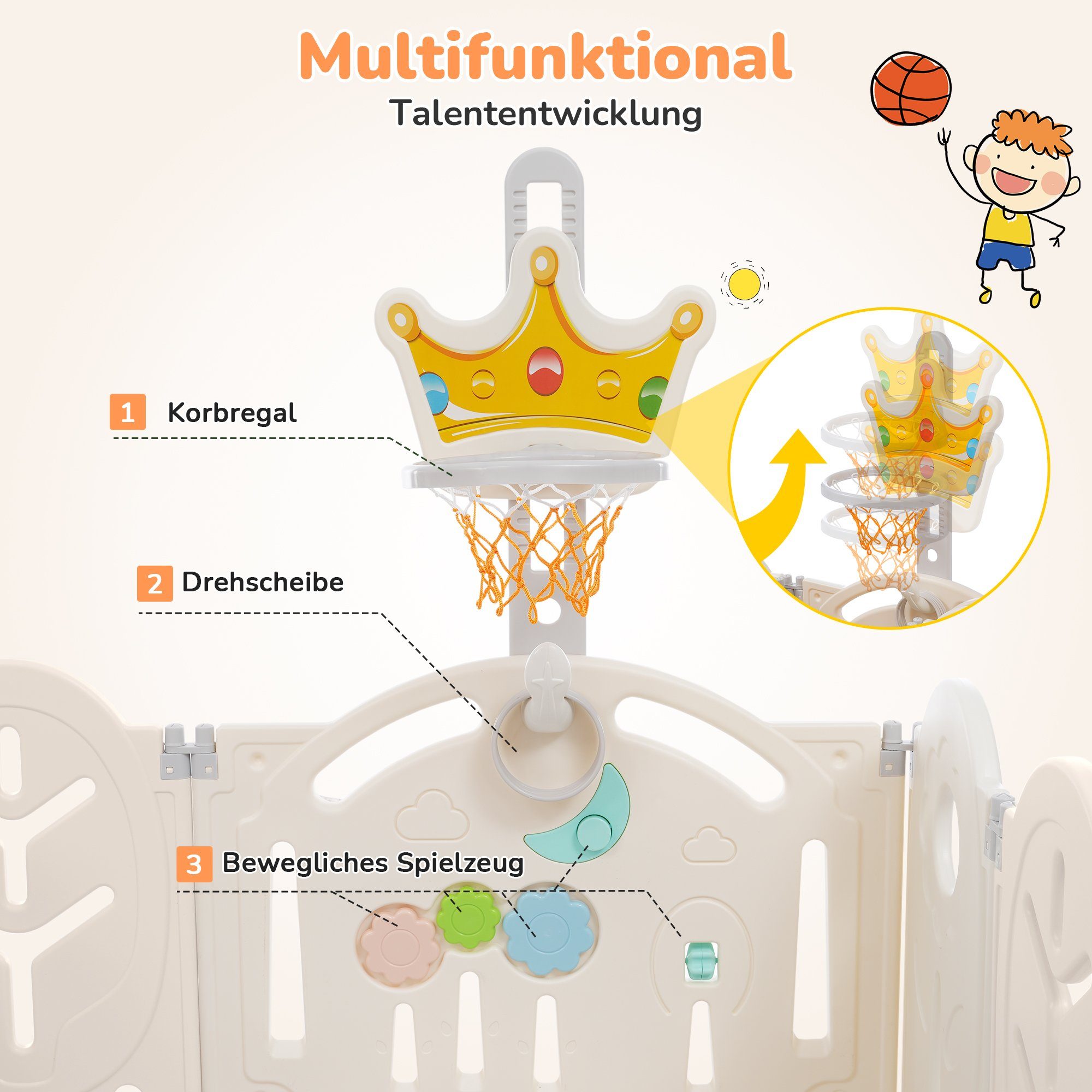 Merax Laufgitter Schaukeln HDPE, Rosa-Weiß mit und Spielbrett Laufgitter Basketbalkorb Aktivitätszentrum, mit aus Kinder faltbar