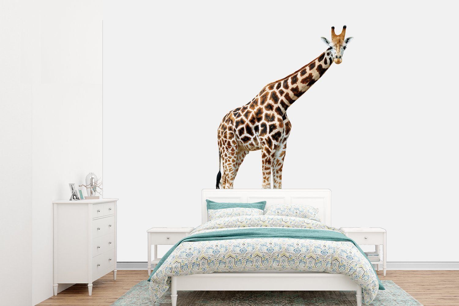 MuchoWow Fototapete Giraffe - Tiere - Weiß - Jungen - Mädchen - Kinder, Matt, bedruckt, (6 St), Montagefertig Vinyl Tapete für Wohnzimmer, Wandtapete