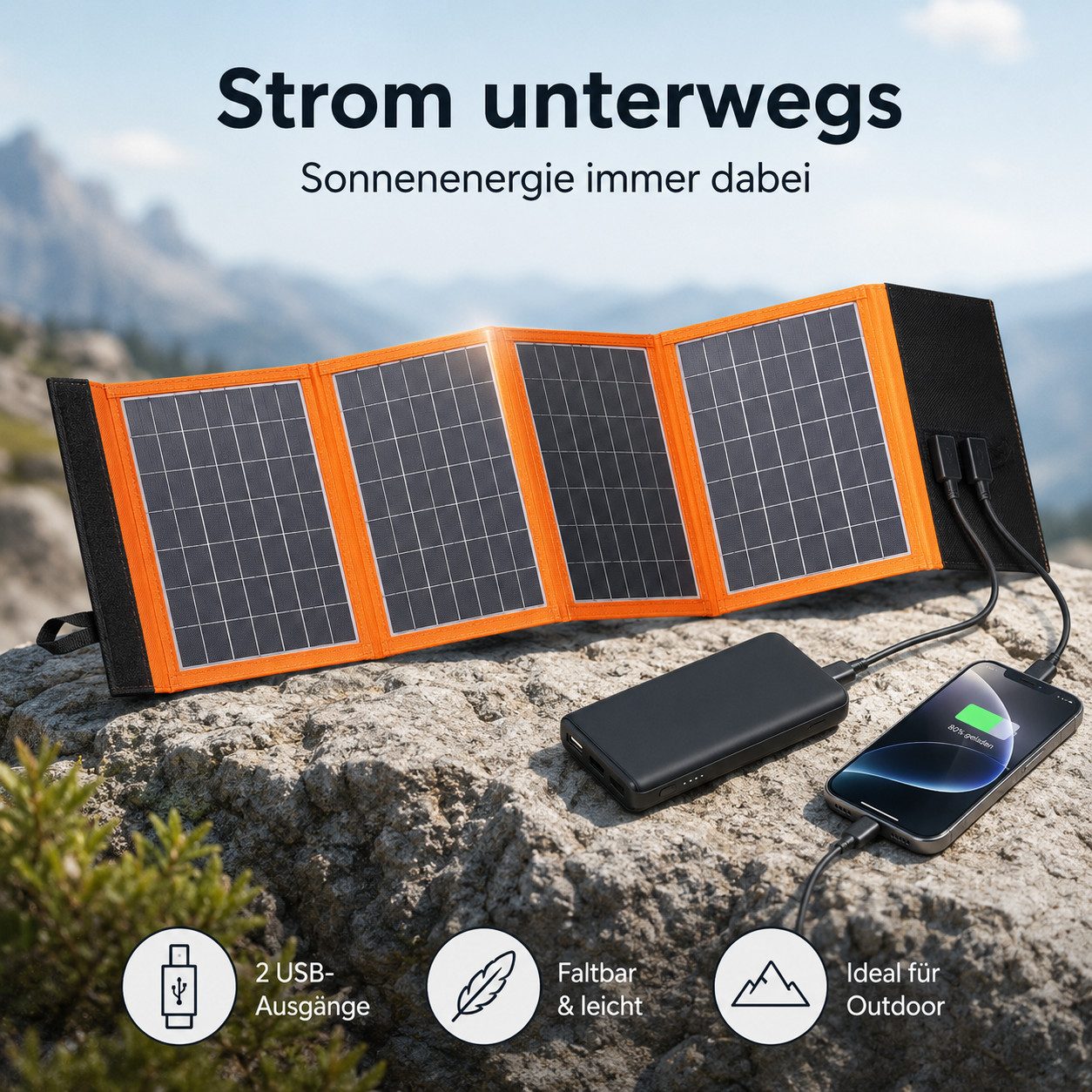 Goldstern-Tech Solarmodul SolarMate, Monokristallin, (Faltbares, kompaktes Solarpanel 30W 40W, 4-St., hocheffizient mit 2 USB-Anschlüssen (bei der Leistungsvariante 40 W), ultraleicht & robust für Outdoor, Camping & Notfall-Stromversorgung