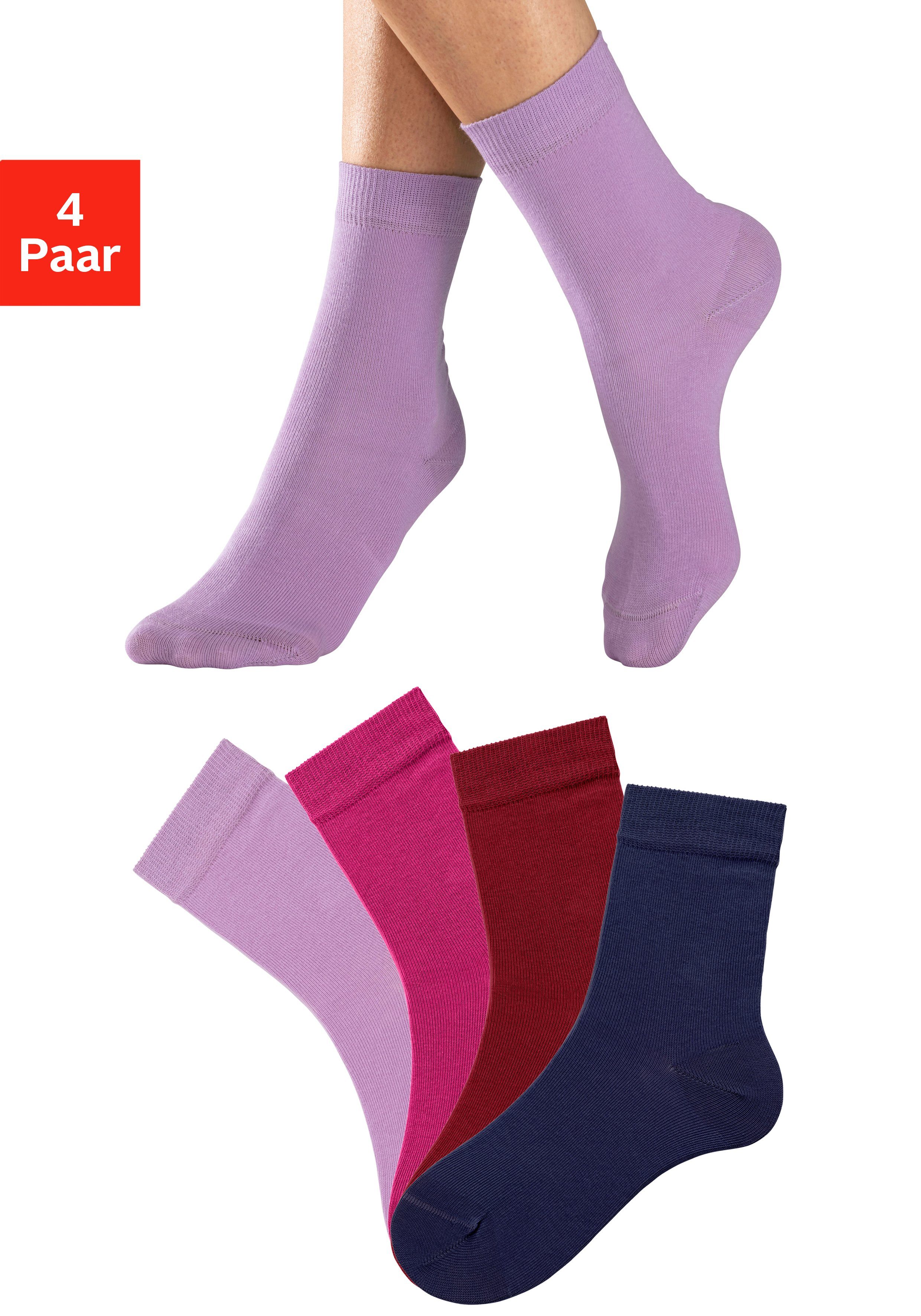 H.I.S Socken (Set, 4-Paar) in unterschiedlichen Farbzusammenstellungen 1x flieder, 1x pink, 1x blau, 1x bordeaux