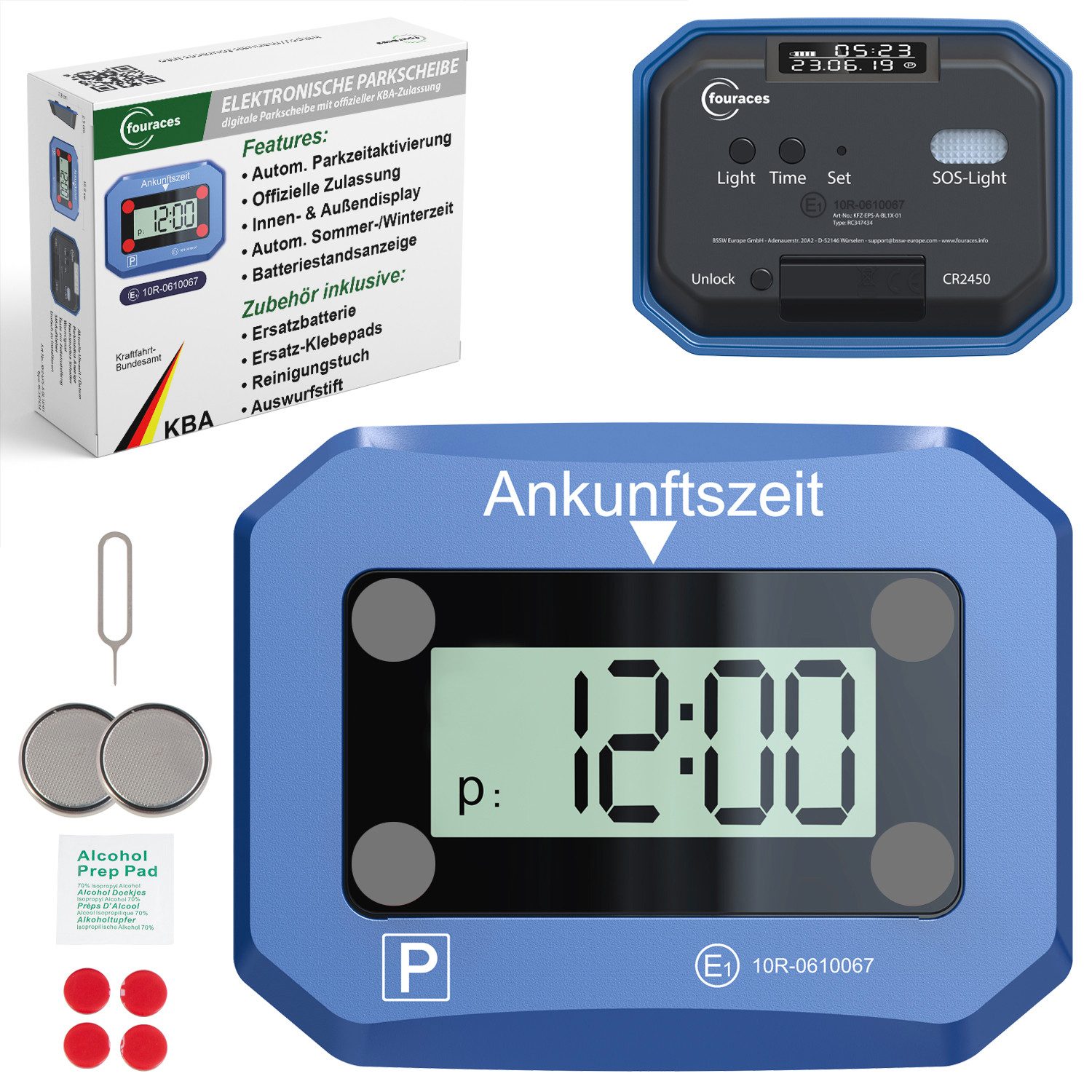 fouraces elektronische Parkscheibe KFZ Elektronische Parkscheibe 10x8cm blau mit Zeitumstellung