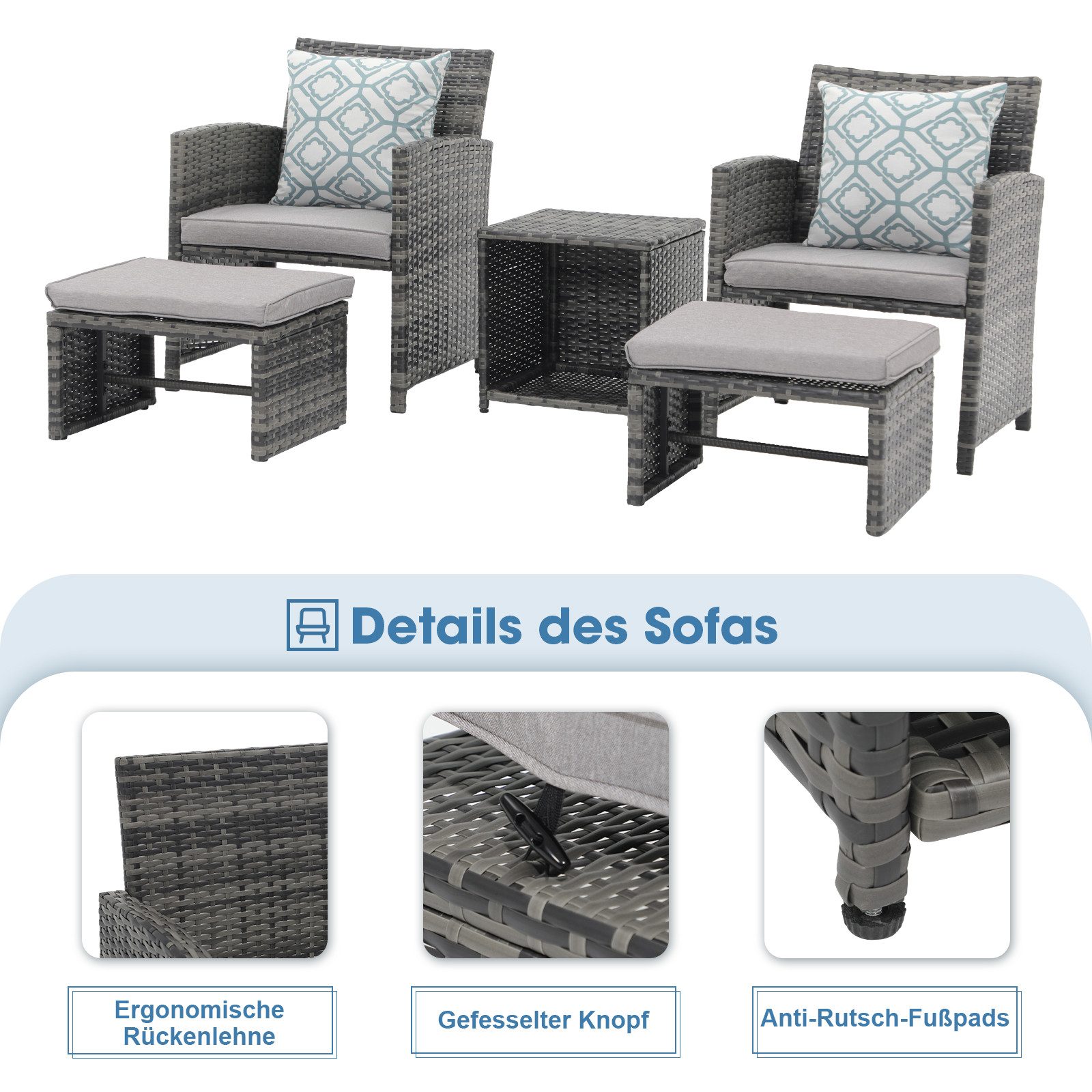 JOIVI Balkonset Balkonmöbel-Set, 5-tlg Rattan Gartenmöbel-Set, (2er Gartensessel mit Beistelltisch&Hocker,Gartensitzgruppe inkl), Sitzkissen&Rückenkissen, Gartensofa Set für Garten Indoor Balkon, Grau