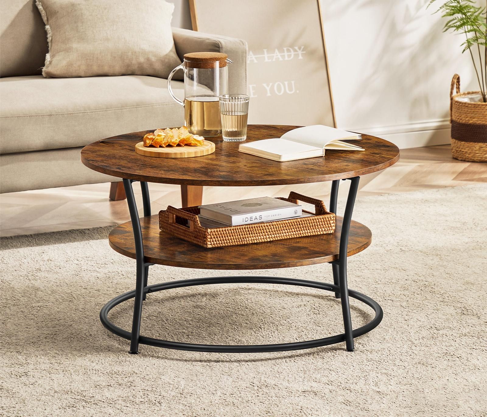 VASAGLE Couchtisch Couchtisch, Wohnzimmertisch, rund, Holz, klein (inkl. Zubehörpaket & Anleitung), Sofatisch, Ø 80 x 45 cm, einfacher Aufbau, viel Stauraum, braun
