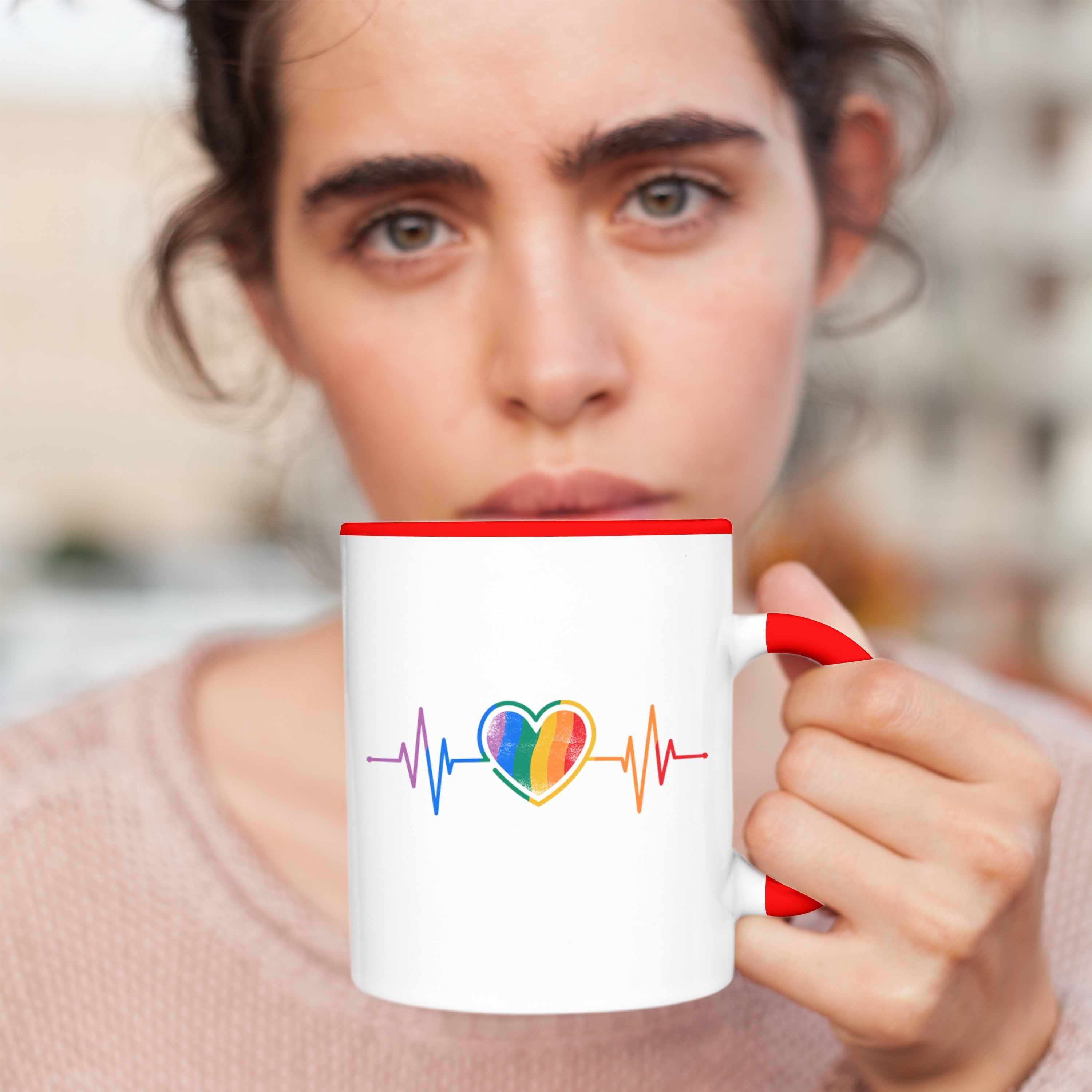 Trendation Tasse Trendation - LGBT Herzschlag Geschenk für Transgender Regenbogen Grafik Lesben Rot Tasse Schwule Lustige