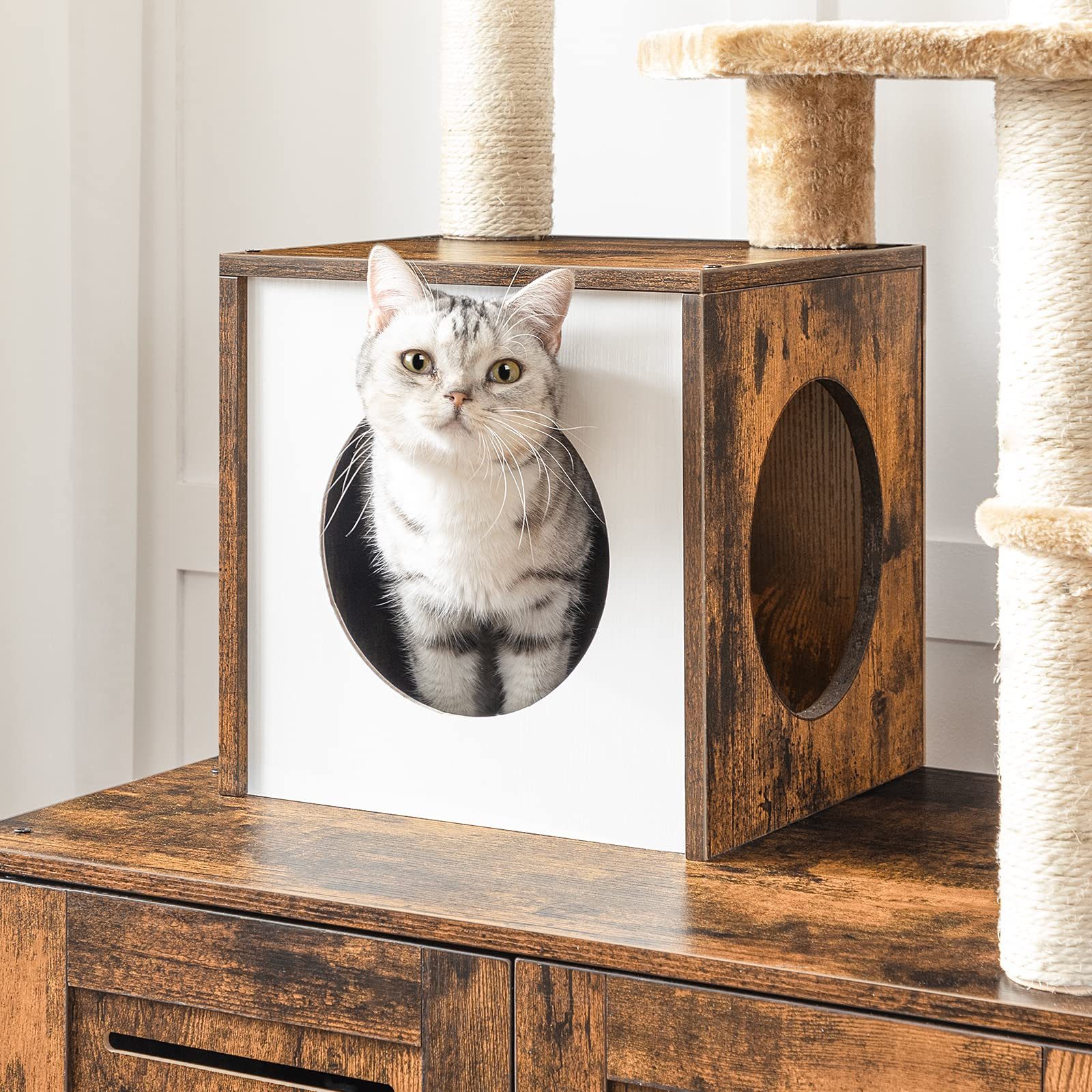 Hoobro Kratzbaum katzenbaumTurm mit katzenklo Schrank, versteckte Katzentoilettenmöbel, 132 cm, Abnehmbare Plüschball-Stangen