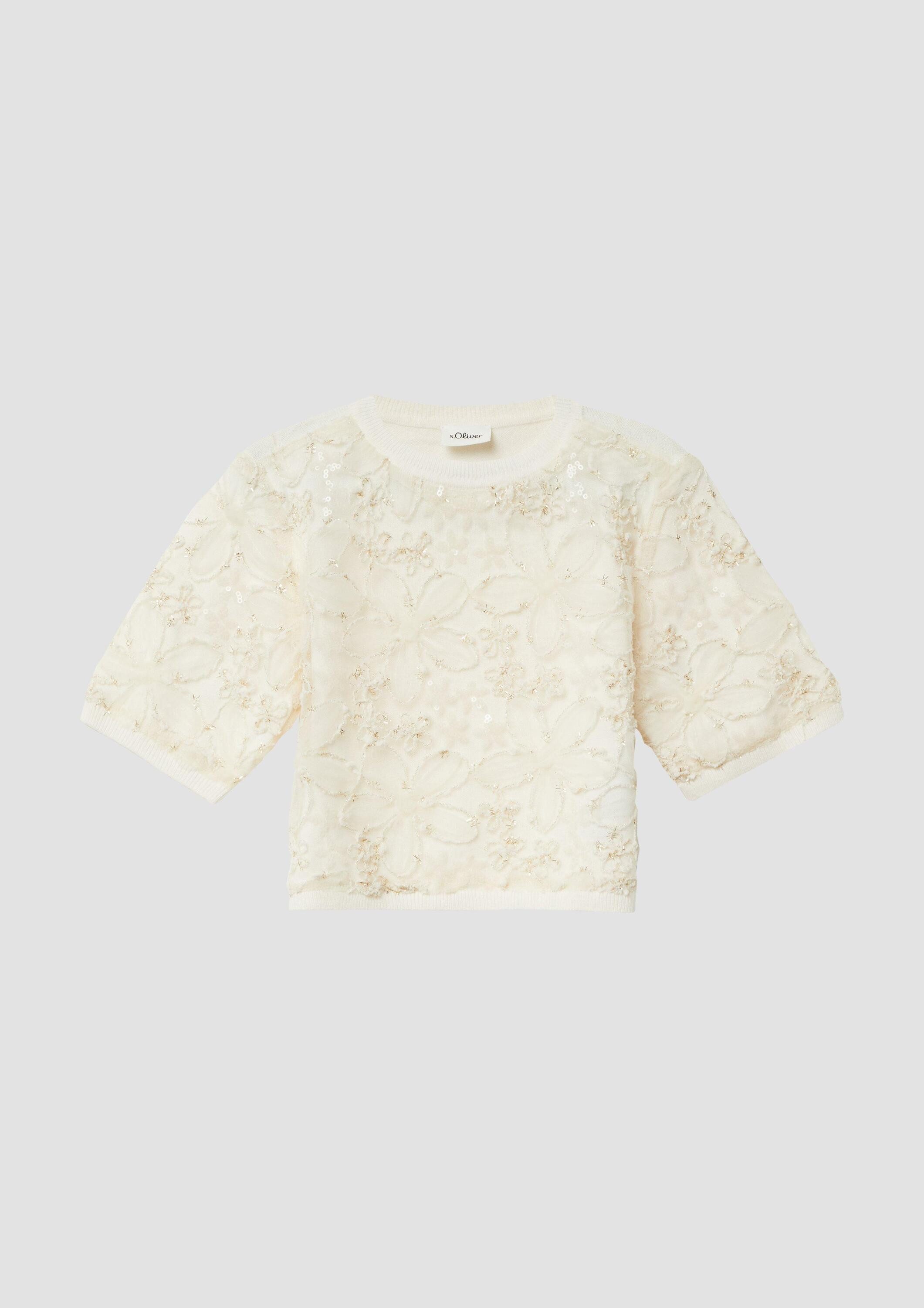 s.Oliver Kurzarmpullover Strickpullover Strickpullover mit Pailletten und floralem Muster