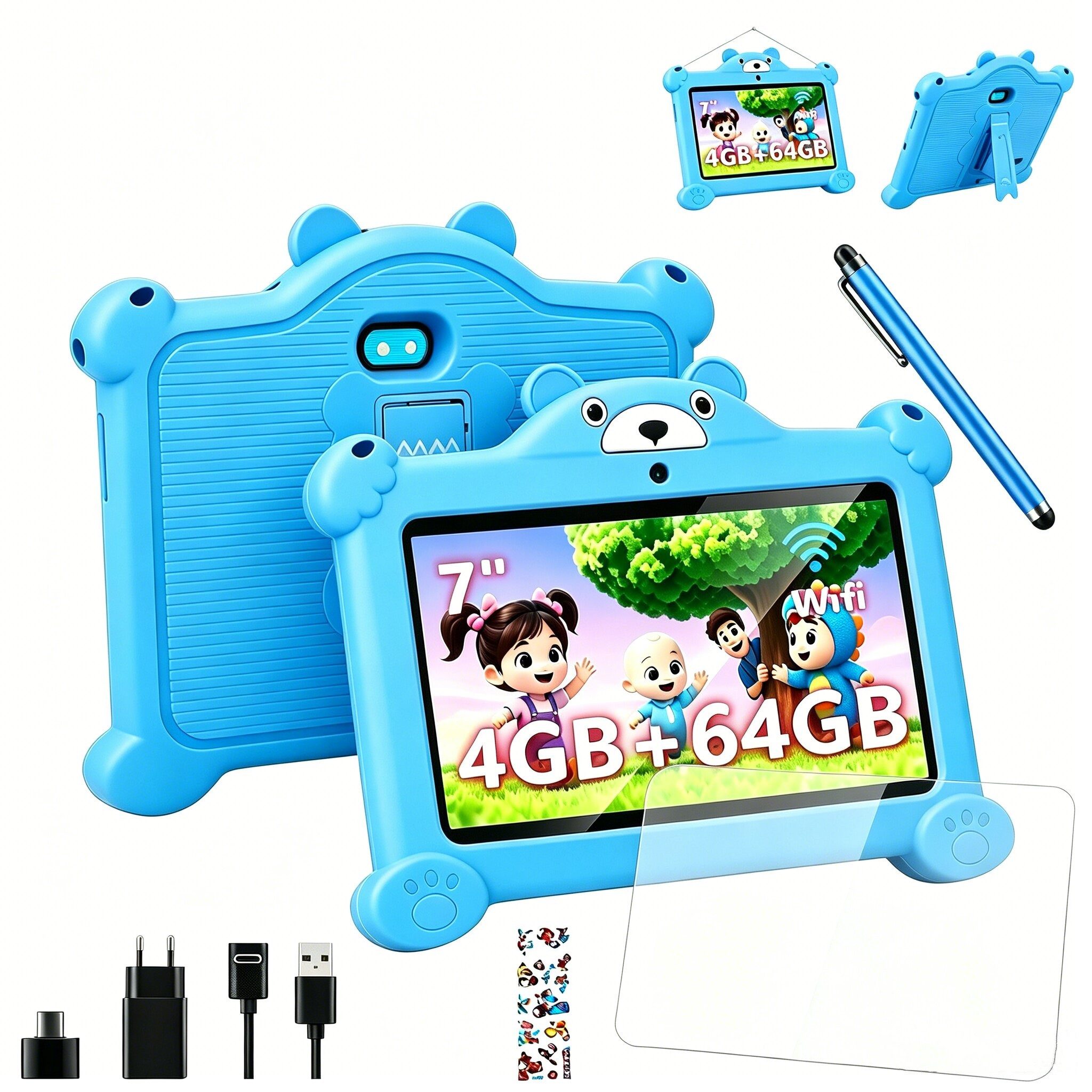 LETGOSPT 7 Zoll 4GB+64GB WiFi Bluetooth IPS HD-Display Android 15 Kinder Tablet (7", 64 GB, Android 15, WiFi, ab 3 Jahren Dual-Kamera mit Hülle & Stift, Google Kids Space Gemini AI)