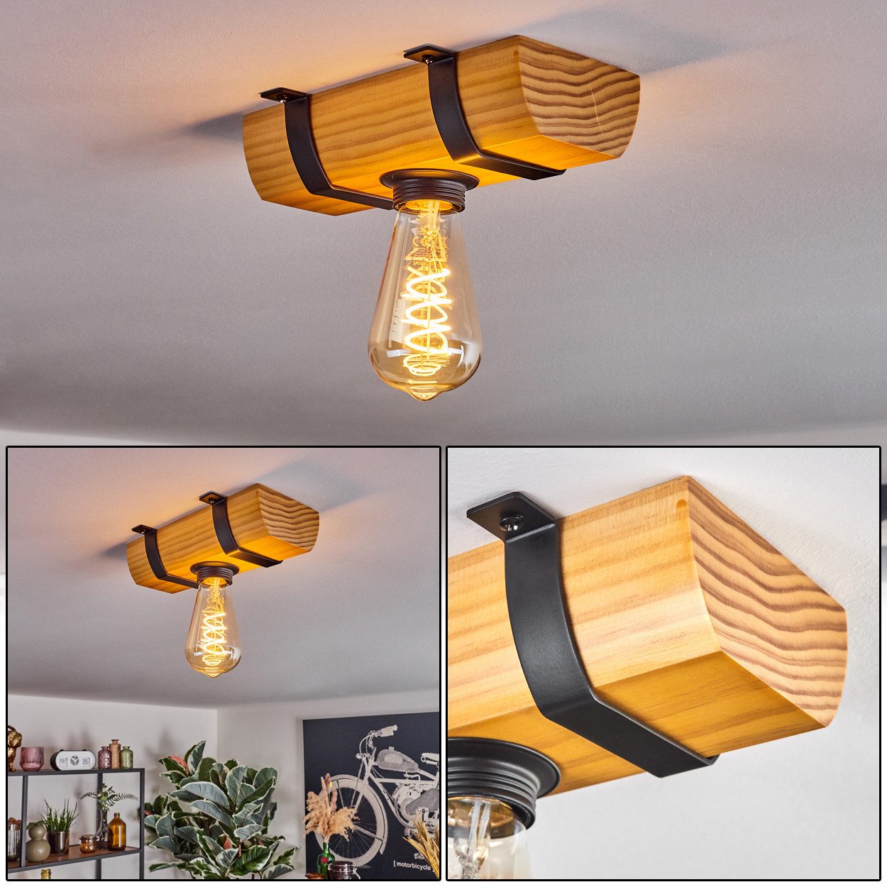 hofstein Deckenleuchte Deckenlampe aus Holz/Metall in Naturfarben/Schwarz, ohne Leuchtmittel, moderne Retro/Vintage/Industrial-Design Leuchte mit Holzbalken, 1x E27