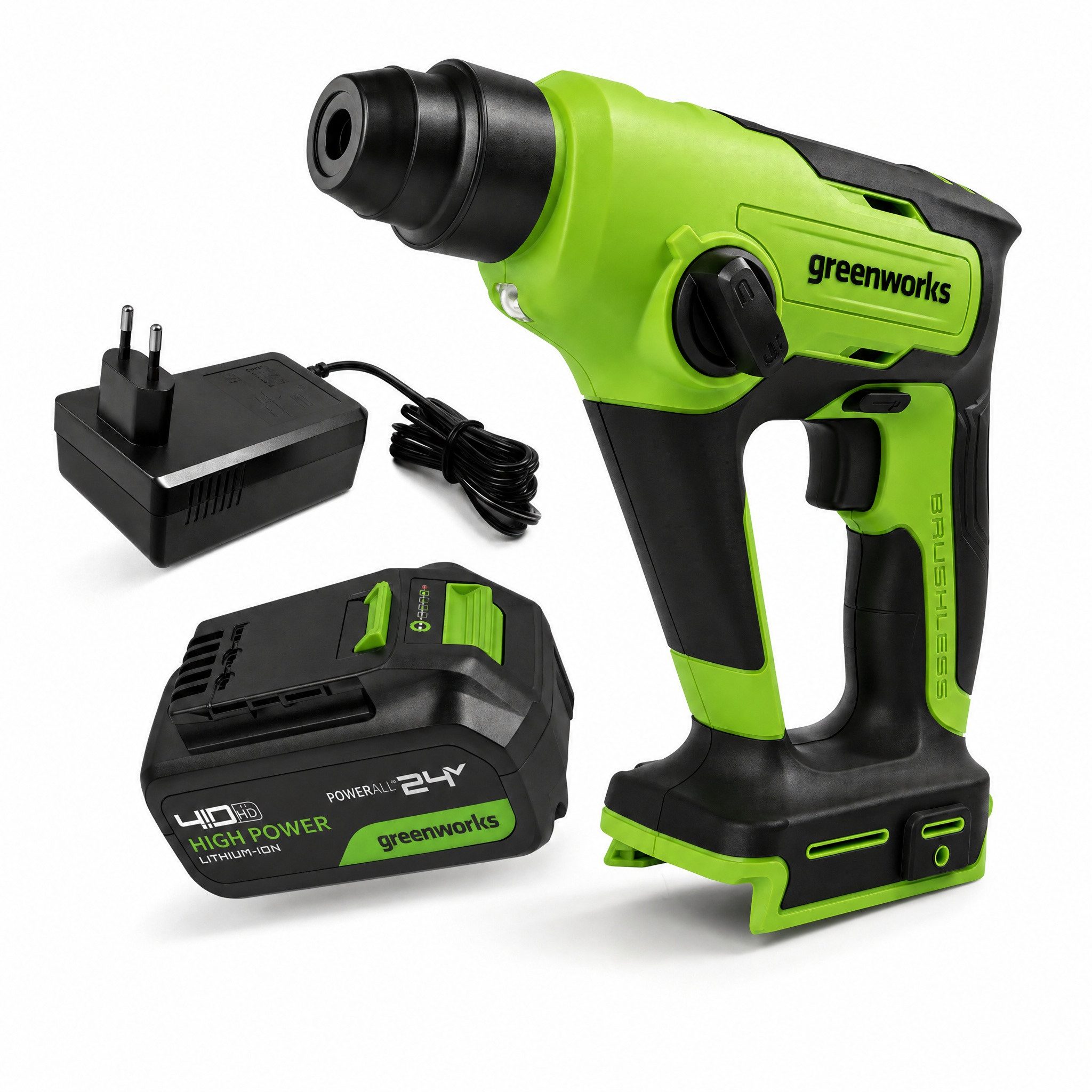 Greenworks Akku-Bohrhammer Akku-Bohrhammer 24V SDS+ bürstenloser Motor 4.0 Ah 1,2J Schlagenergie, Bohrhammer mit Schnellladegerät für Beton Stein Holz 3 Jahre Garantie